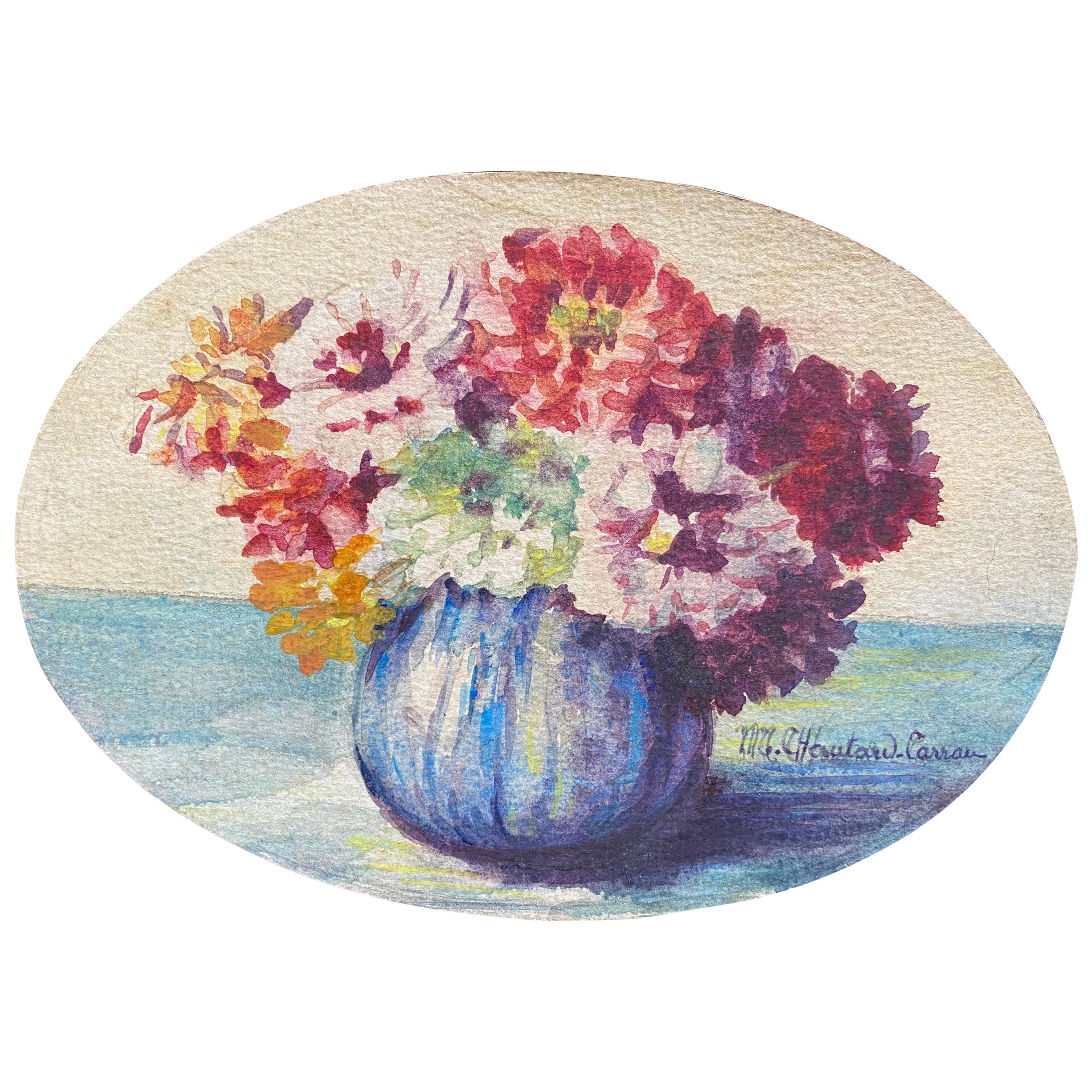 Early 1900's French Impressionist Signed Flower Watercolour by Marie Carreau For Sale