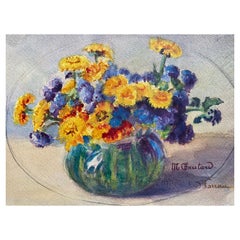 Early 1900's French Impressionist Signed Flower Watercolour by Marie Carreau