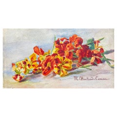 Aquarelle à fleurs signée de Marie Carreau, impressionniste française, début des années 1900