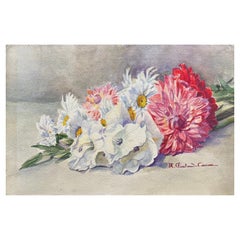 Aquarelle à fleurs signée de Marie Carreau, impressionniste française, début des années 1900