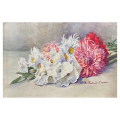 Early 1900's French Impressionist Signed Flower Watercolour by Marie Carreau