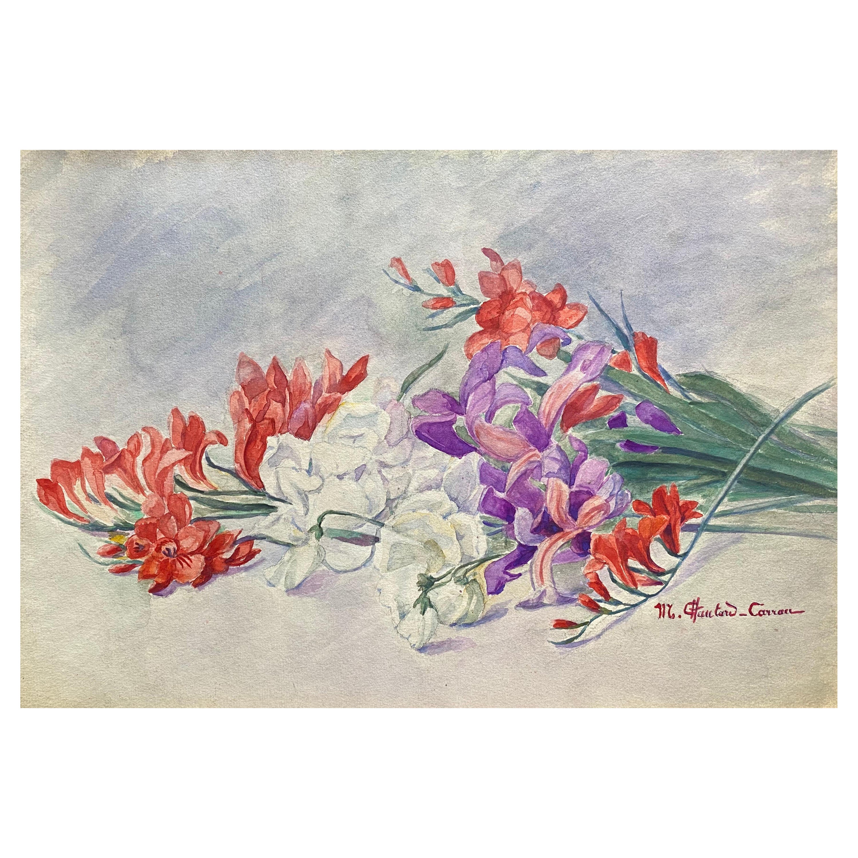 Acuarela de flores impresionista francesa de principios de 1900 firmada por Marie Carreau