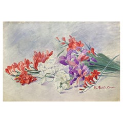 Antique Early 1900's French Impressionist Signed Flower Watercolour by Marie Carreau