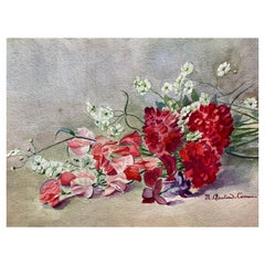Early 1900's French Impressionist Signed Flower Watercolour by Marie Carreau
