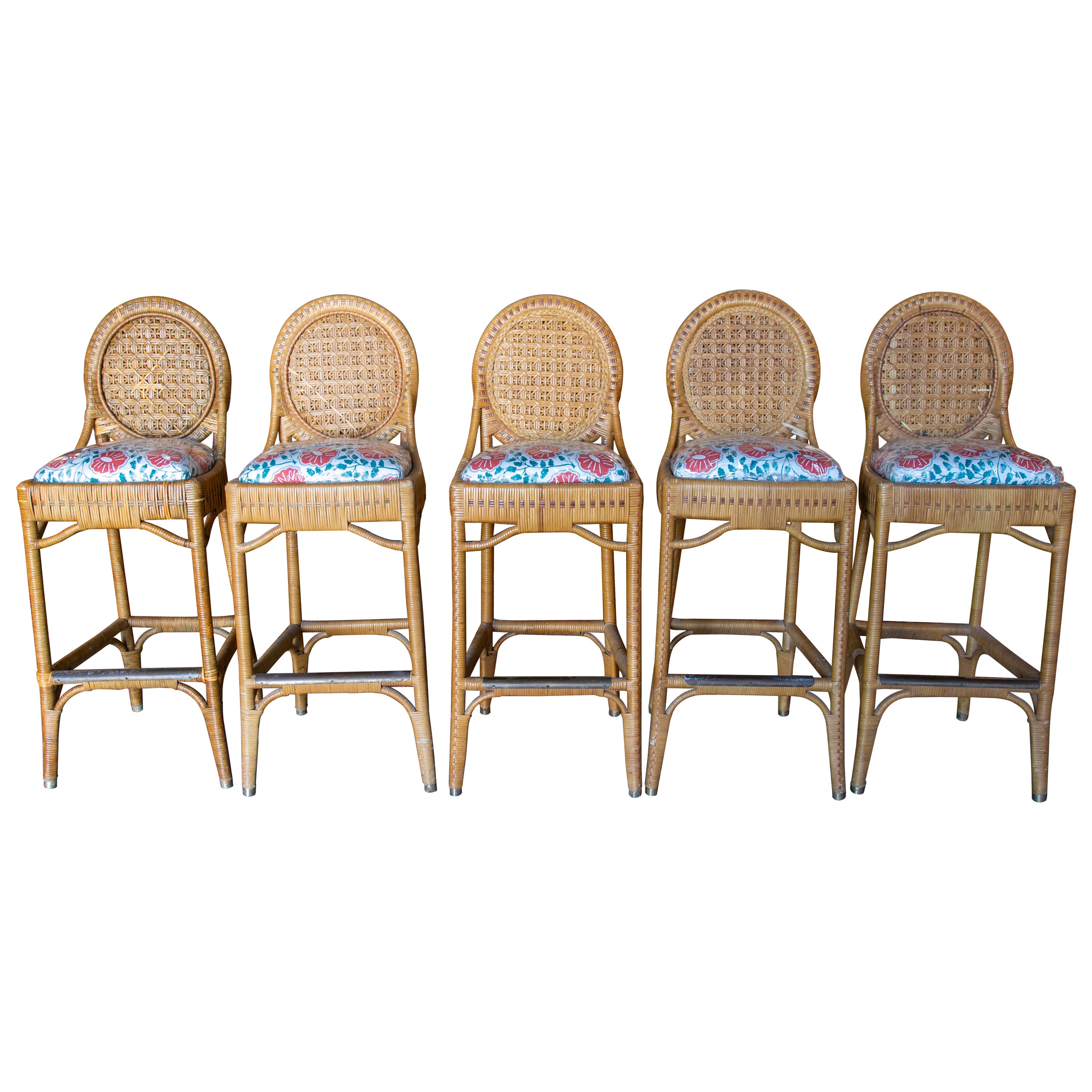 1980s Set of Five Upholstered Wicker Stools