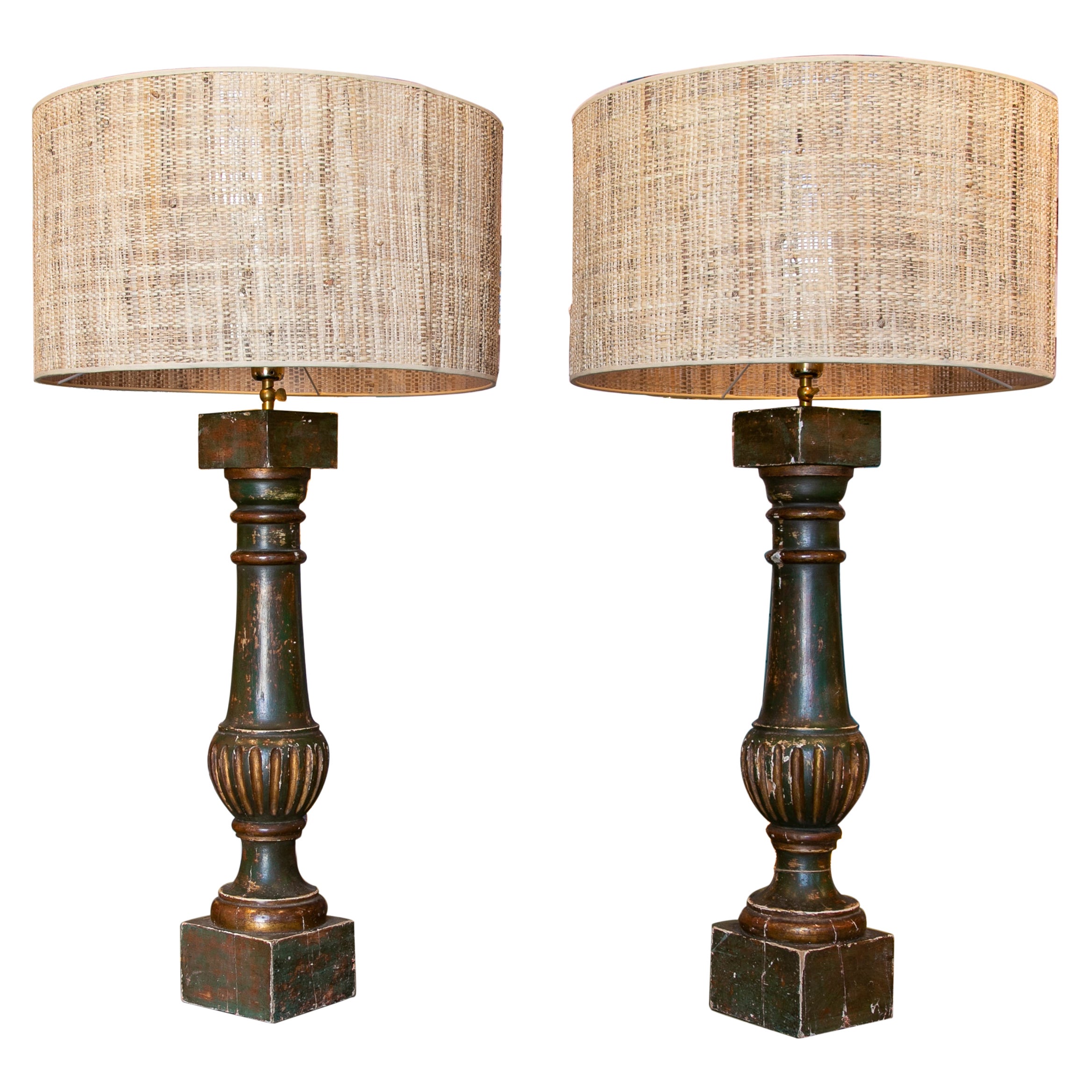 19th Century, Pair of Wooden Baluster Lamps Polychromed in Green For Sale