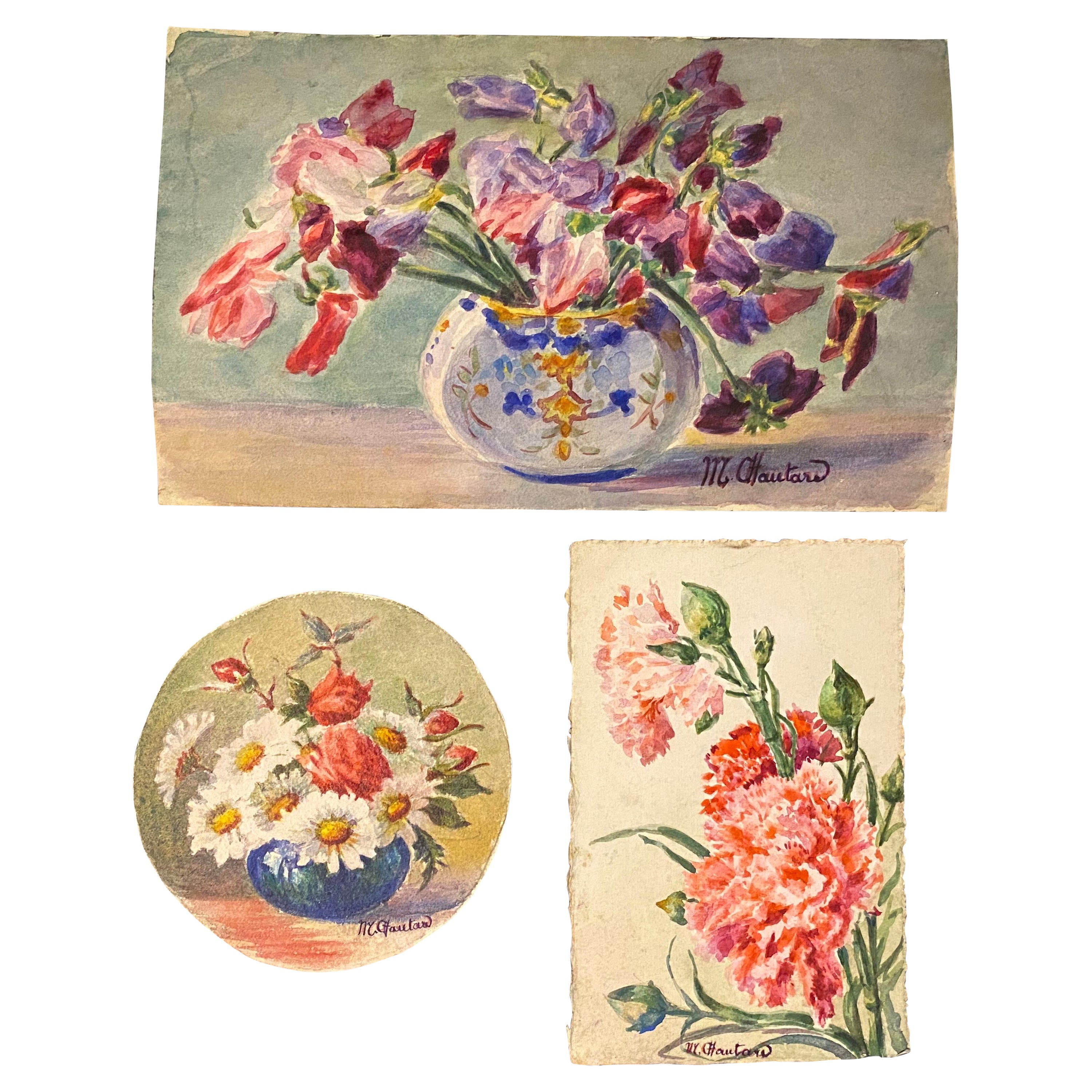 3 x 1900's French Impressionist Signed Flower Watercolours by Marie Carreau
