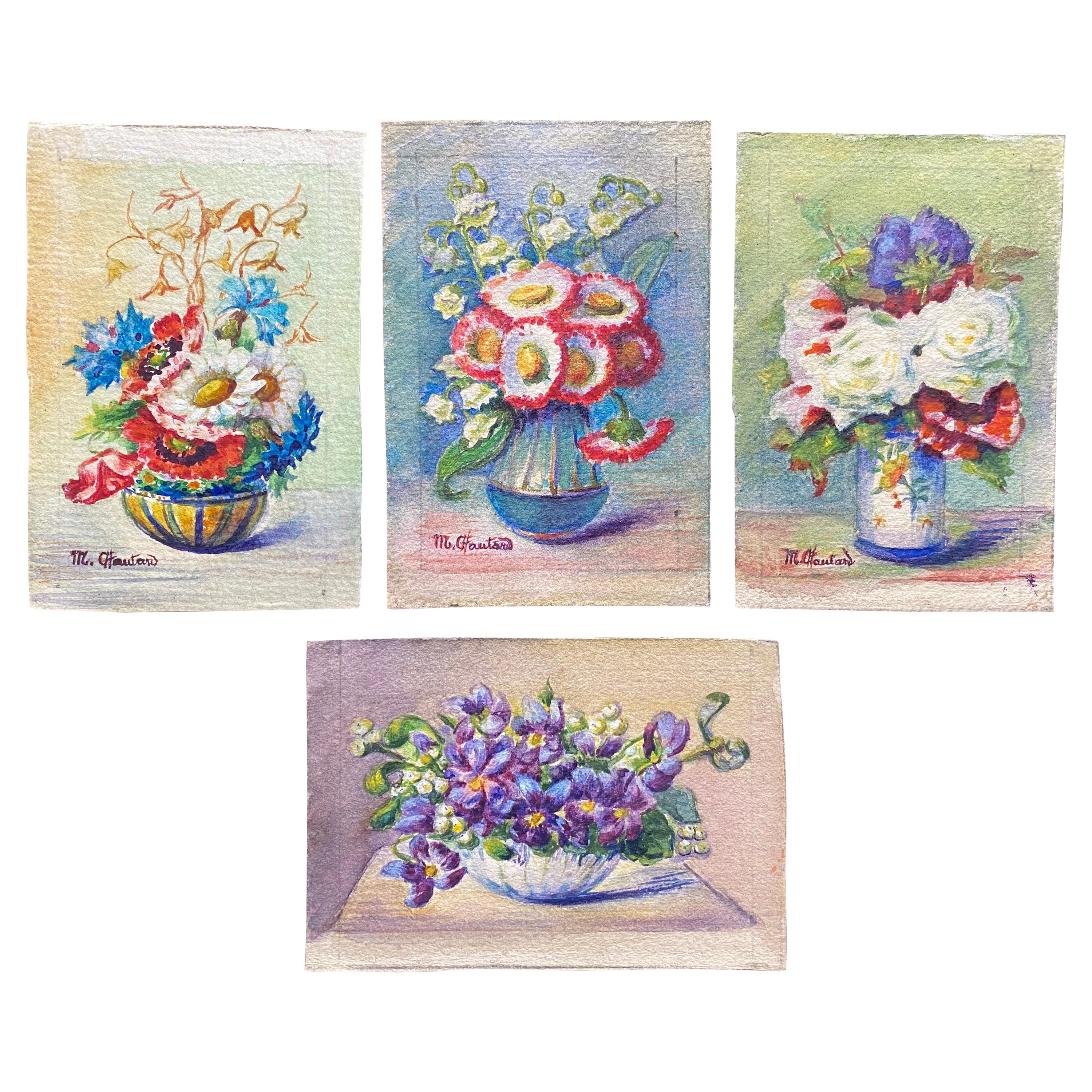 4 aquarelles florales impressionnistes françaises signées Marie Carreau du début des années 1900 en vente