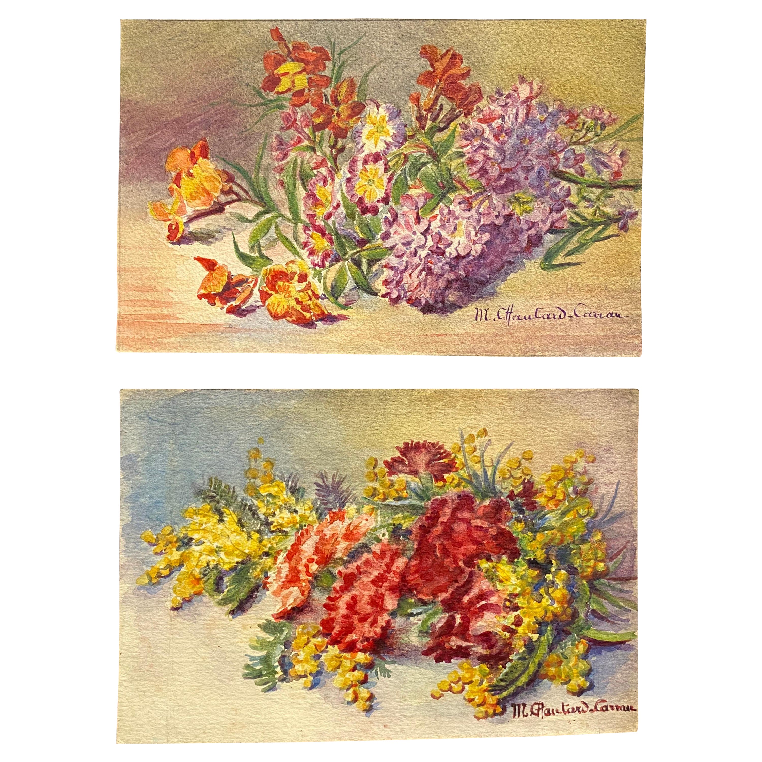 Early 1900's French Impressionist Signed Flower Watercolours y Marie Carreau