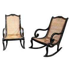 Pair of White Lacquered Wooden Rocking Chairs with Wicker Seats