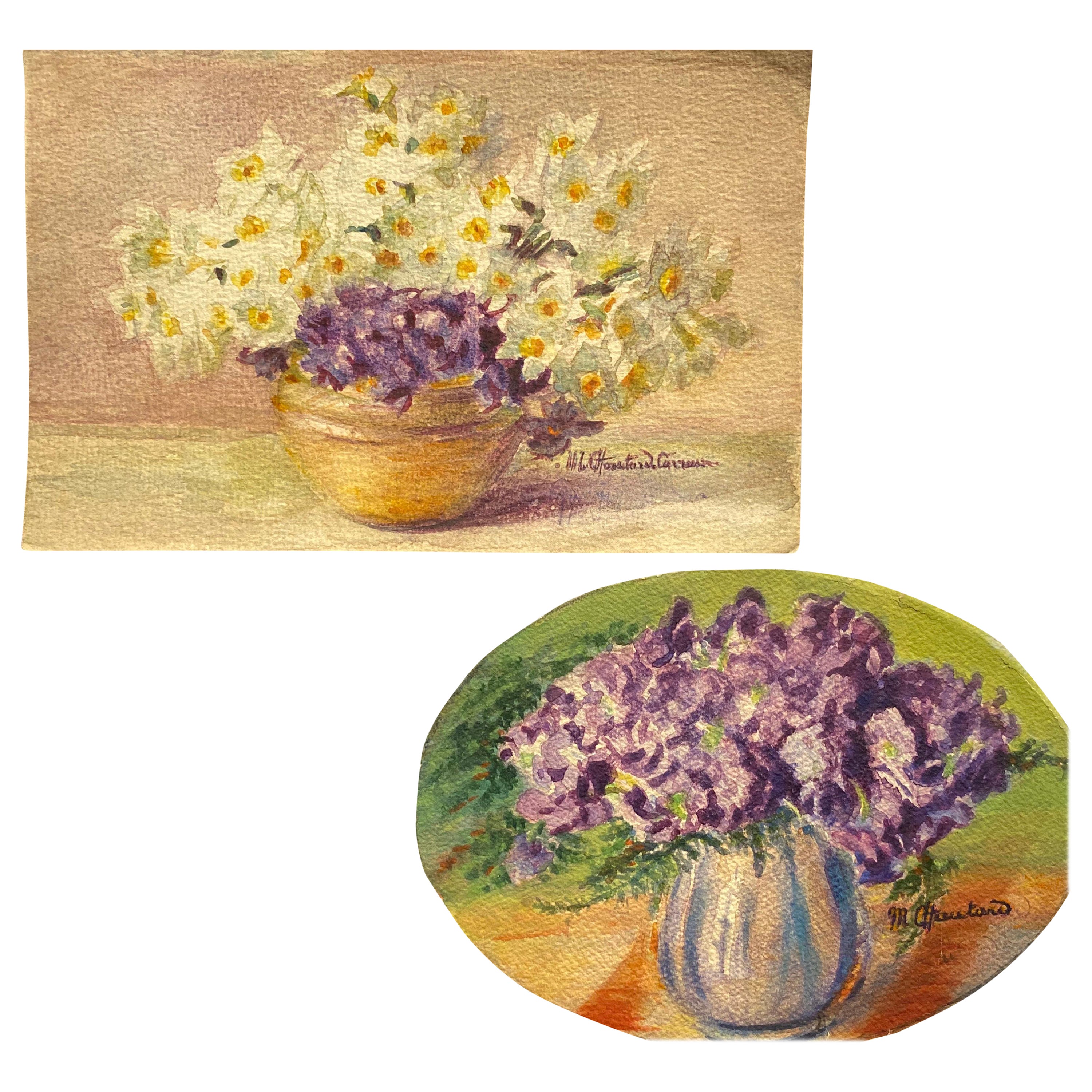 2 x Early 1900's French Impressionist Signed Flower Watercolours Marie Carreau For Sale