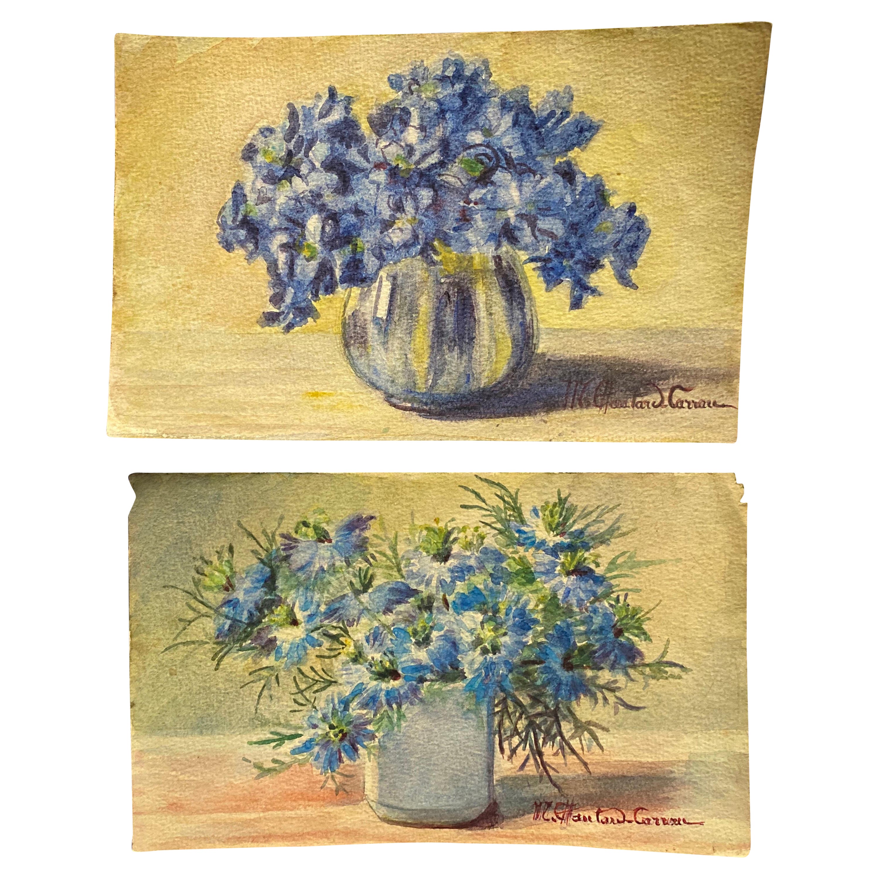 Early 1900's French Impressionist Signed Flower Watercolours Marie Carreau For Sale