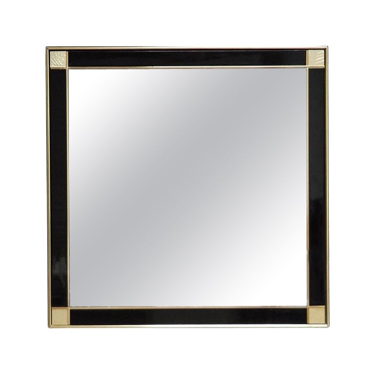 Pierre Cardin Black Lacquered Mirror with Brass Details, 1980s