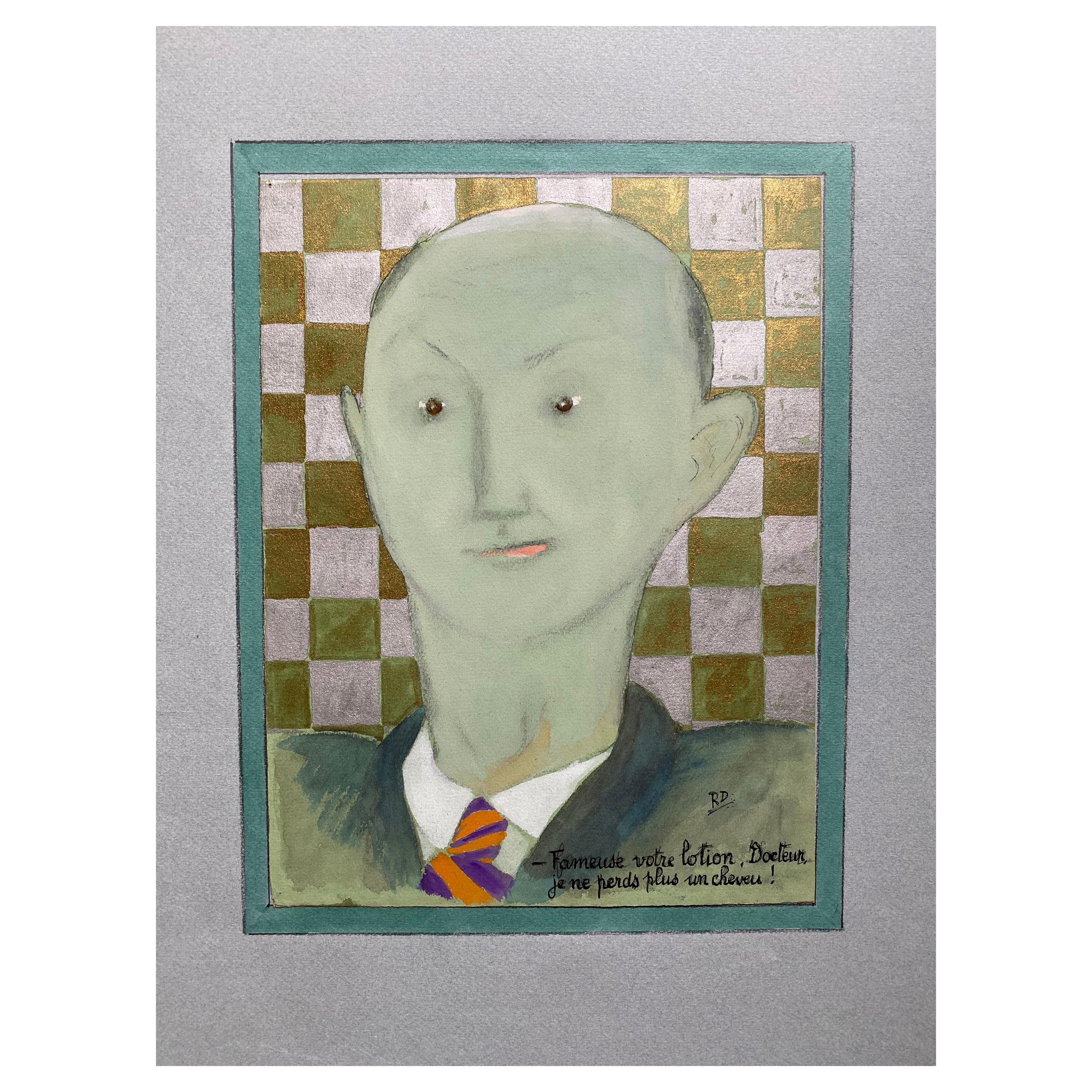 1960's French Portrait Bald Green Man Caricature For Sale