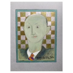 1960's French Portrait Bald Green Man Caricature