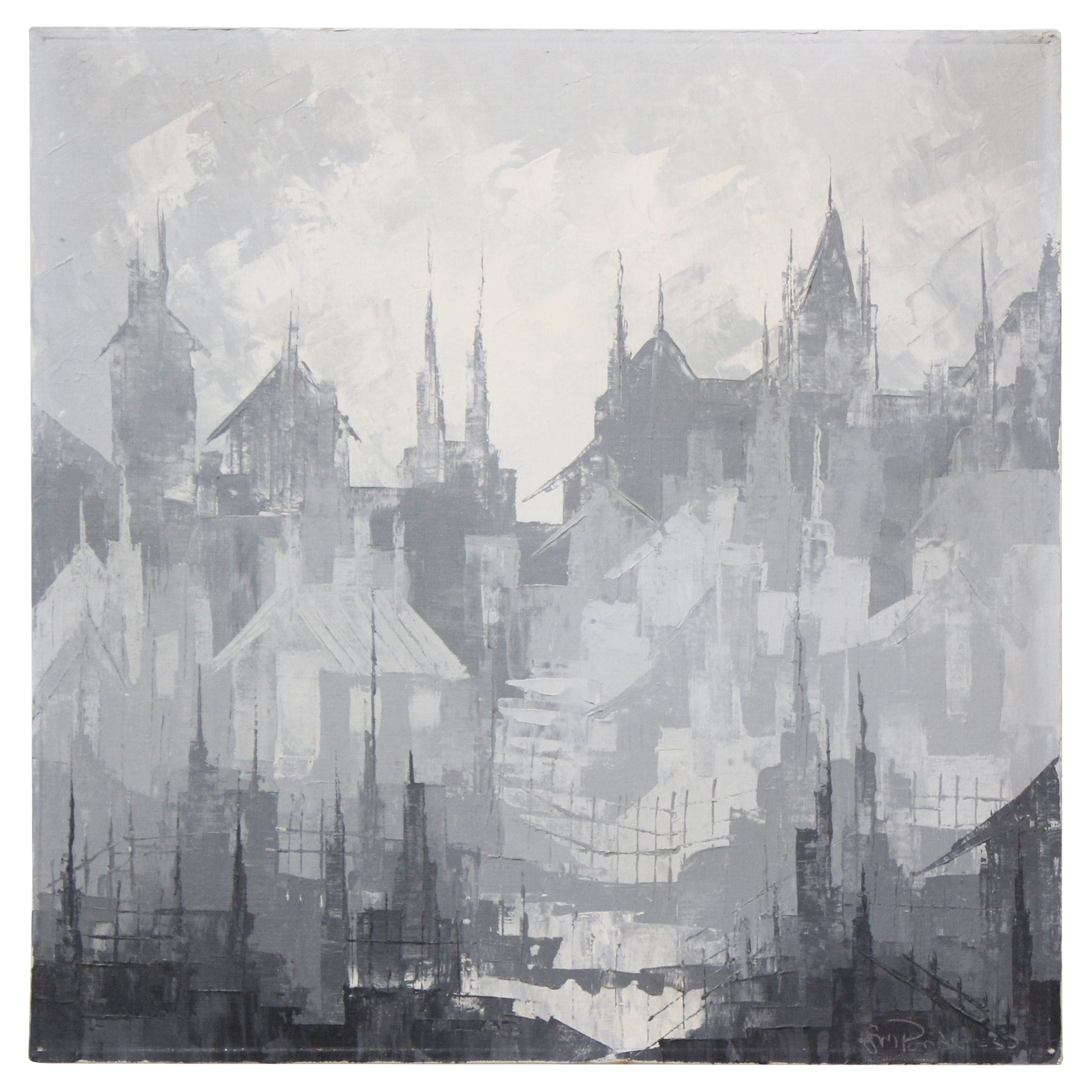 Huile sur toile expressionniste abstraite grise ton sur ton - Paysage urbain de Louis M. Ponderoso en vente