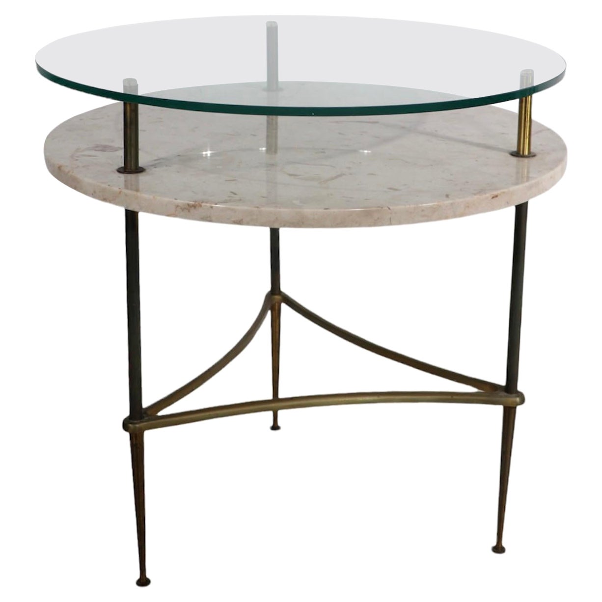Two Tier Marble Glass Brass Side Table After Ponti For Sale