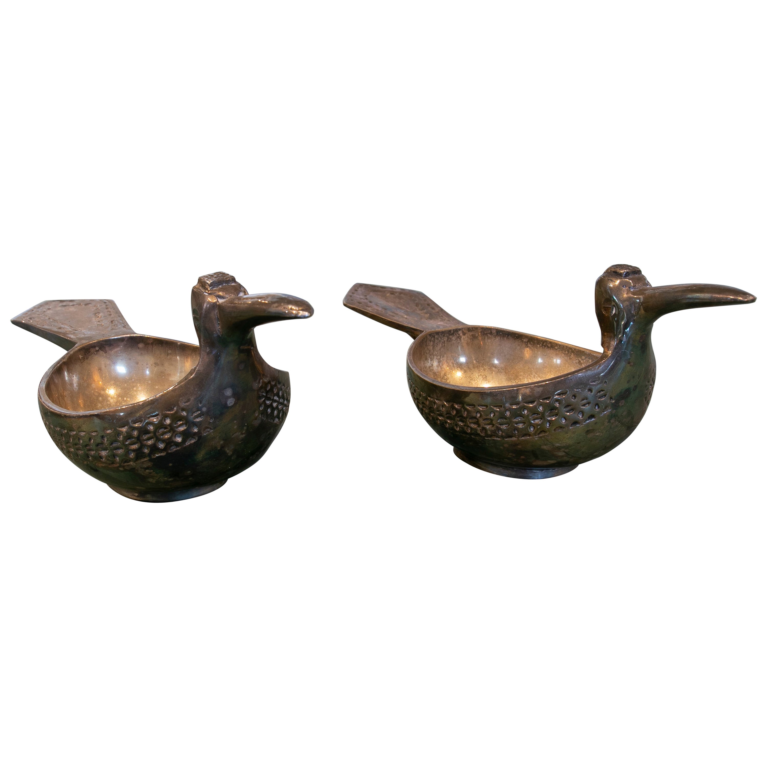 Bols en métal métallique argenté en forme d'oiseaux des années 1970