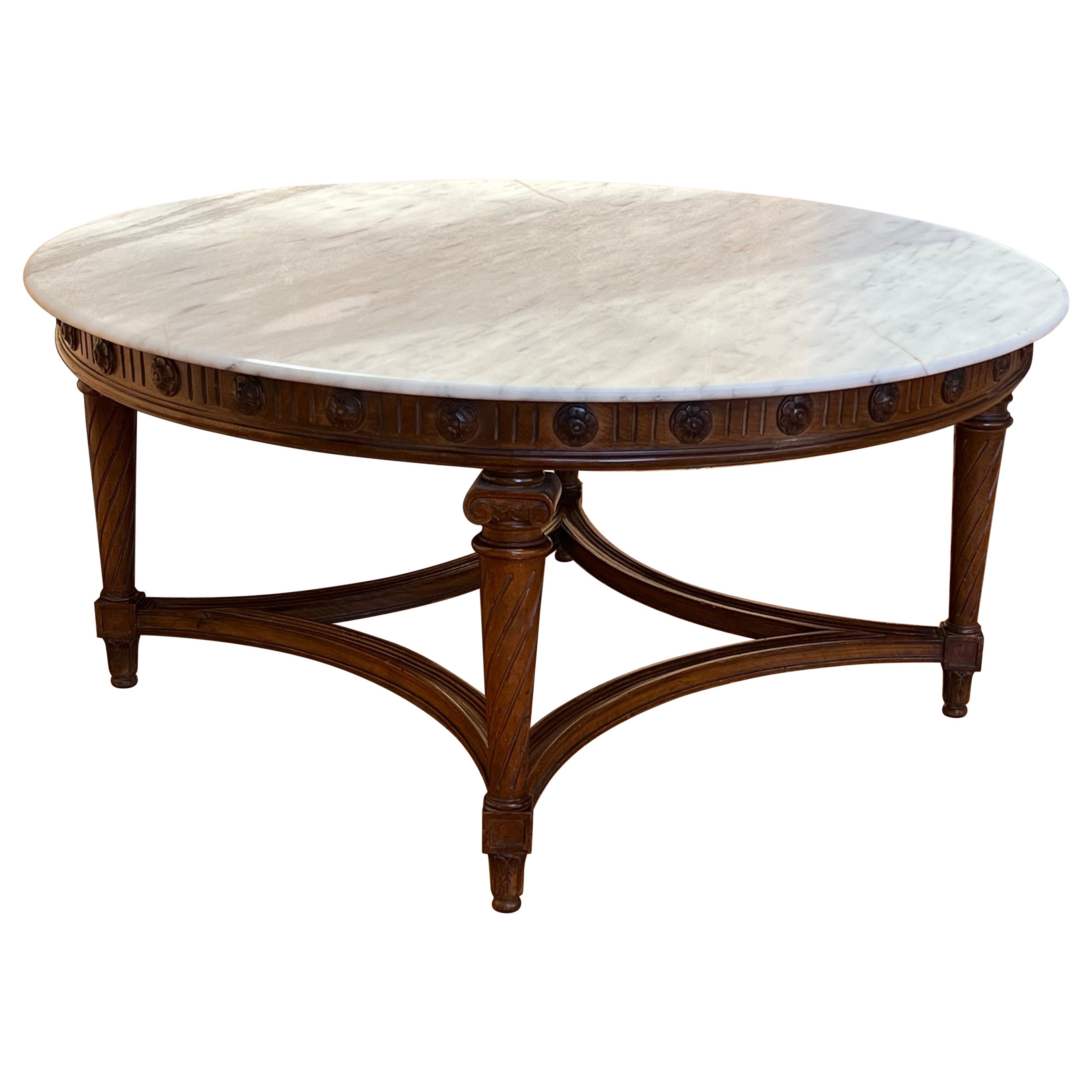 20th Round Coffee Table with Marble Top and Carved Legs
