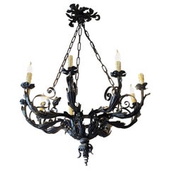Nine-Light Wrought Iron Chandelier, Second Half 1800
