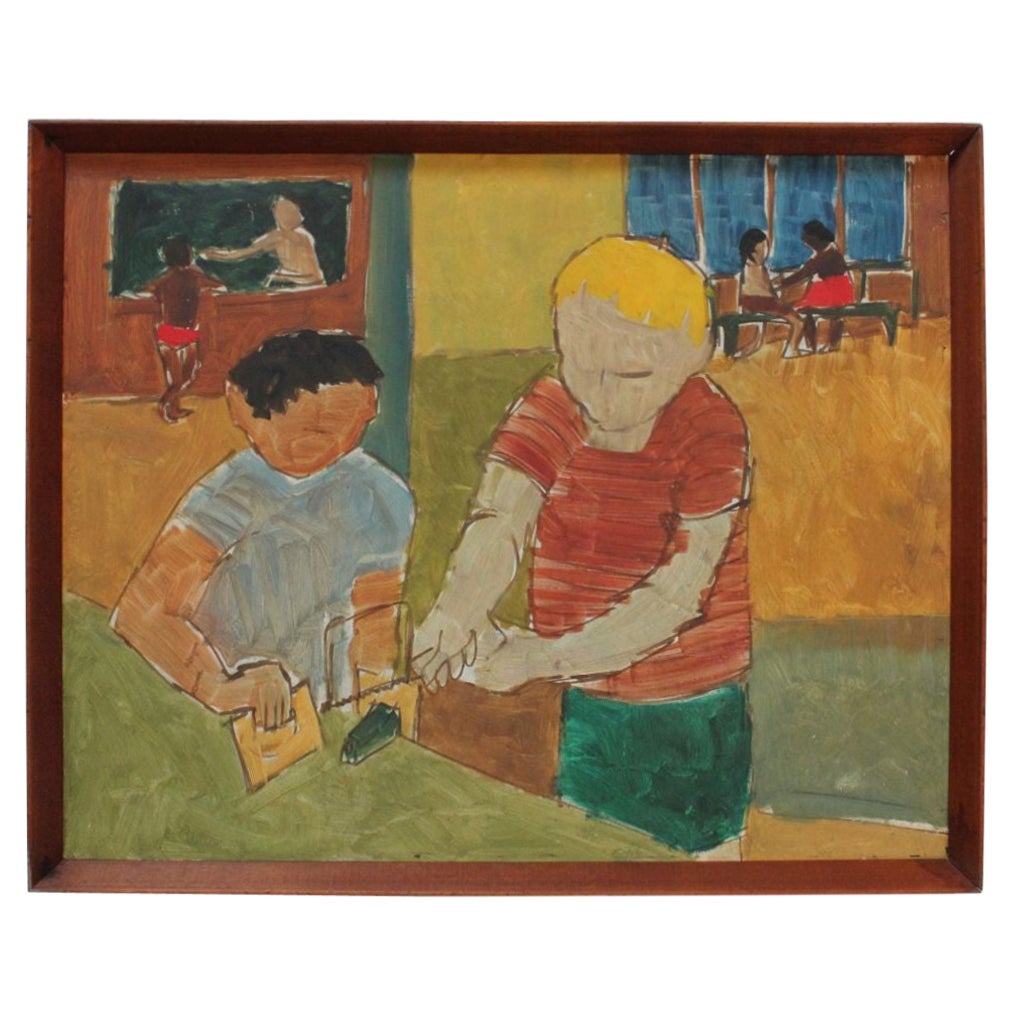 Abstract Expressionist "Boys in Wood Shop" Oil on Masonite For Sale