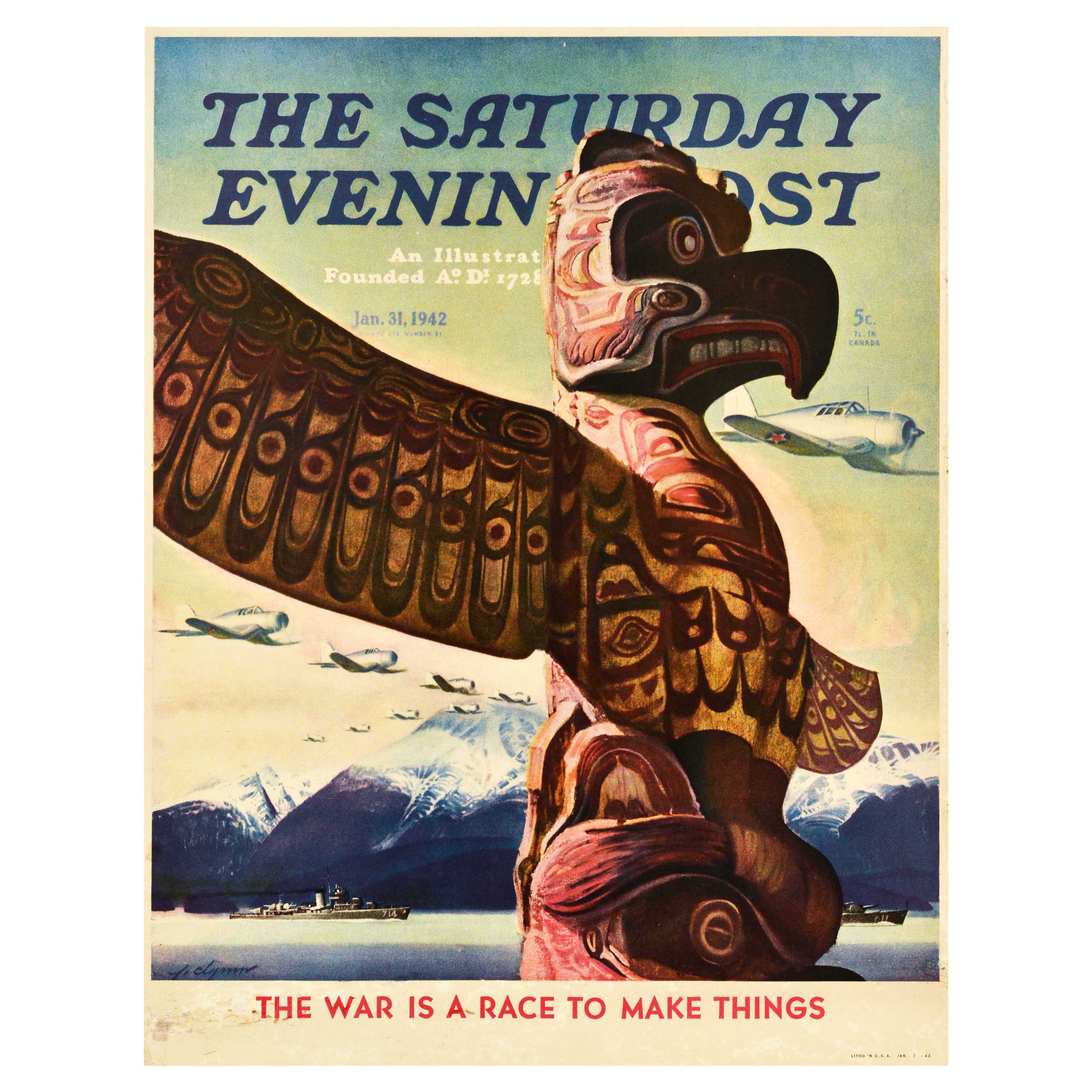 Original Vintage Advertising Poster Totem Pole Saturday Evening Post WWII Clymer For Sale