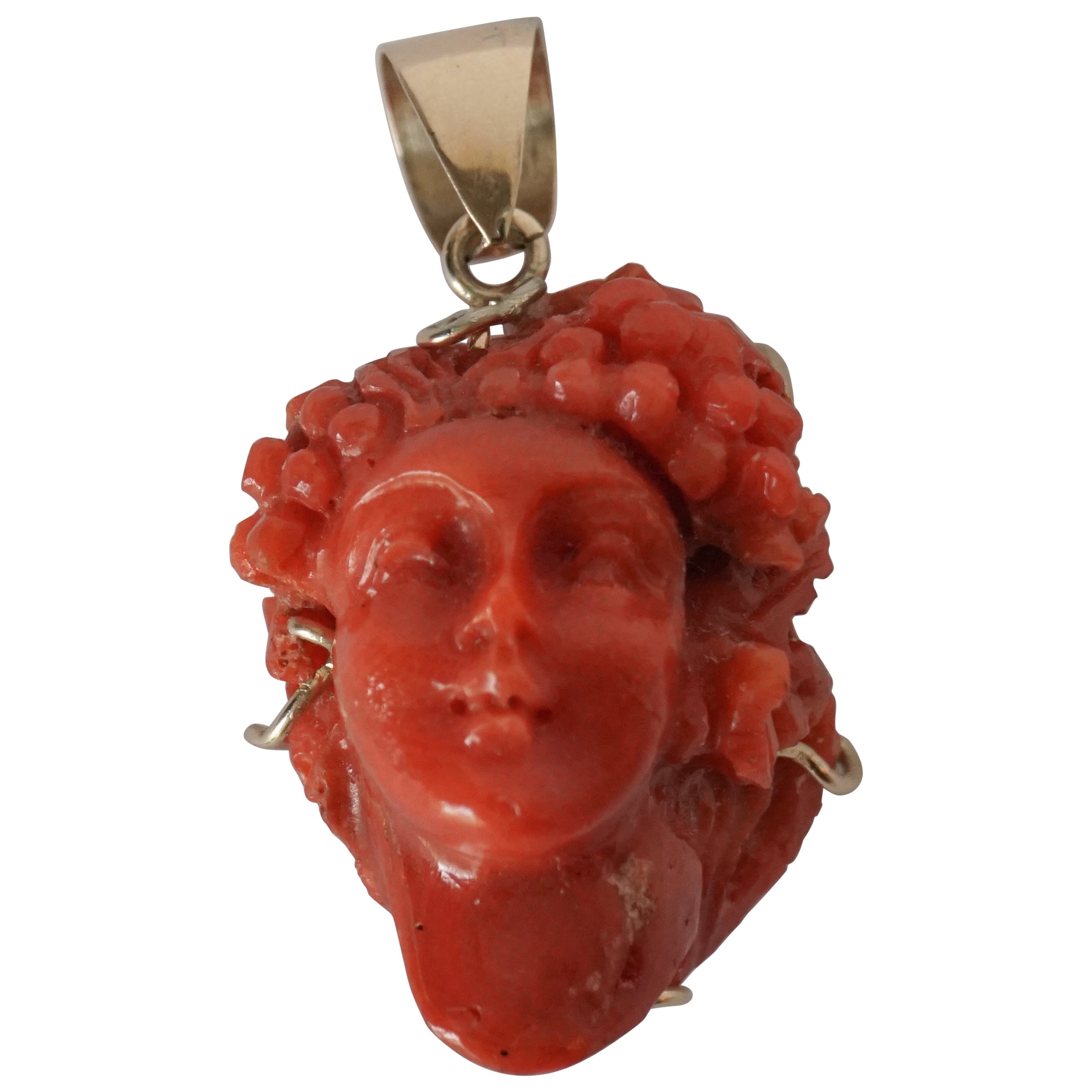 19th Century Italian Hand Carved Coral and Gold Bacchante Bacchus Cameo Pendant  For Sale