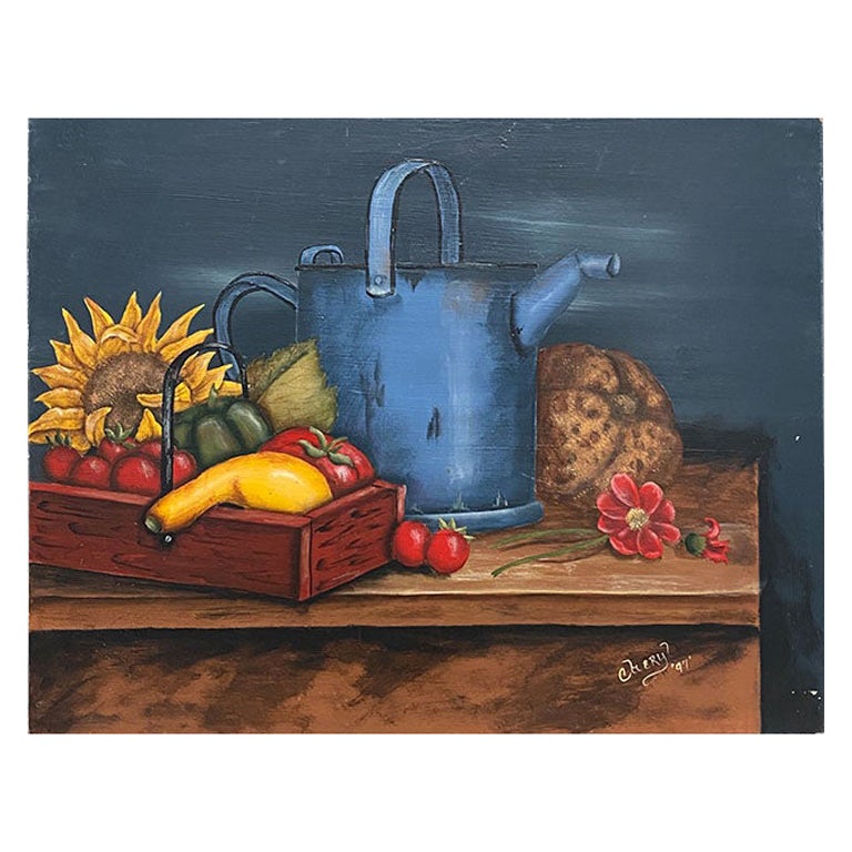 Green Still Life Painting of Vegetables and Flowers on Board, Signed 1997 For Sale