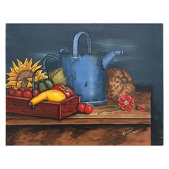 Green Still Life Painting of Vegetables and Flowers on Board, Signed 1997