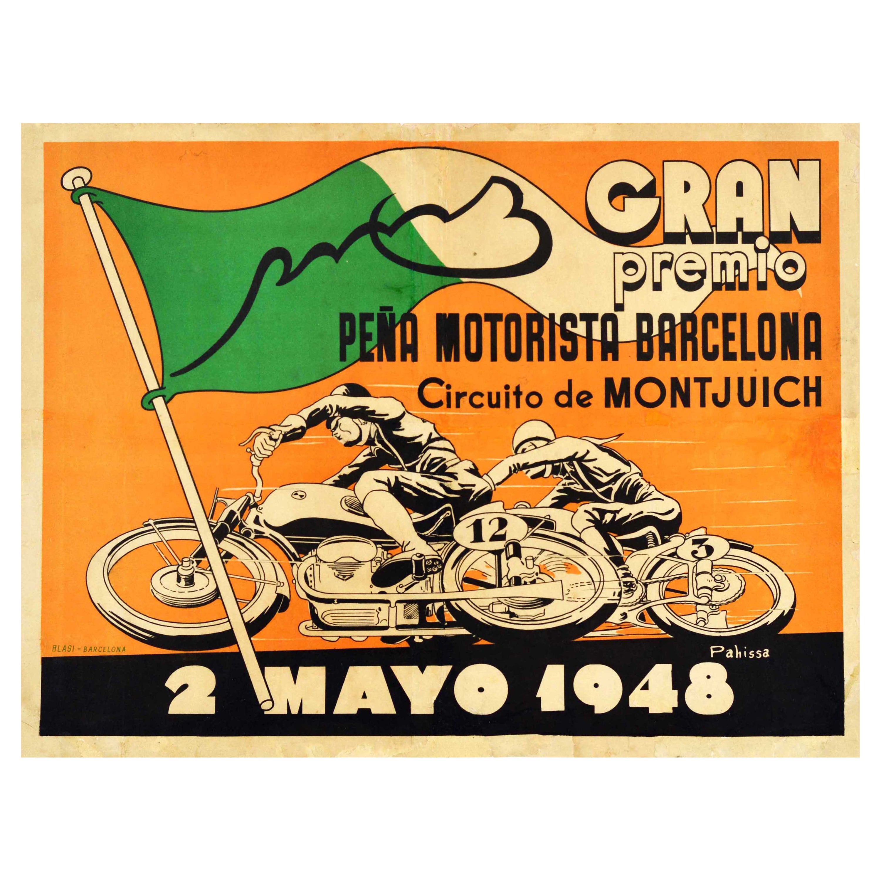 Affiche originale de sport vintage Gran Premio Pena Motorista Barcelona Montjuic en vente