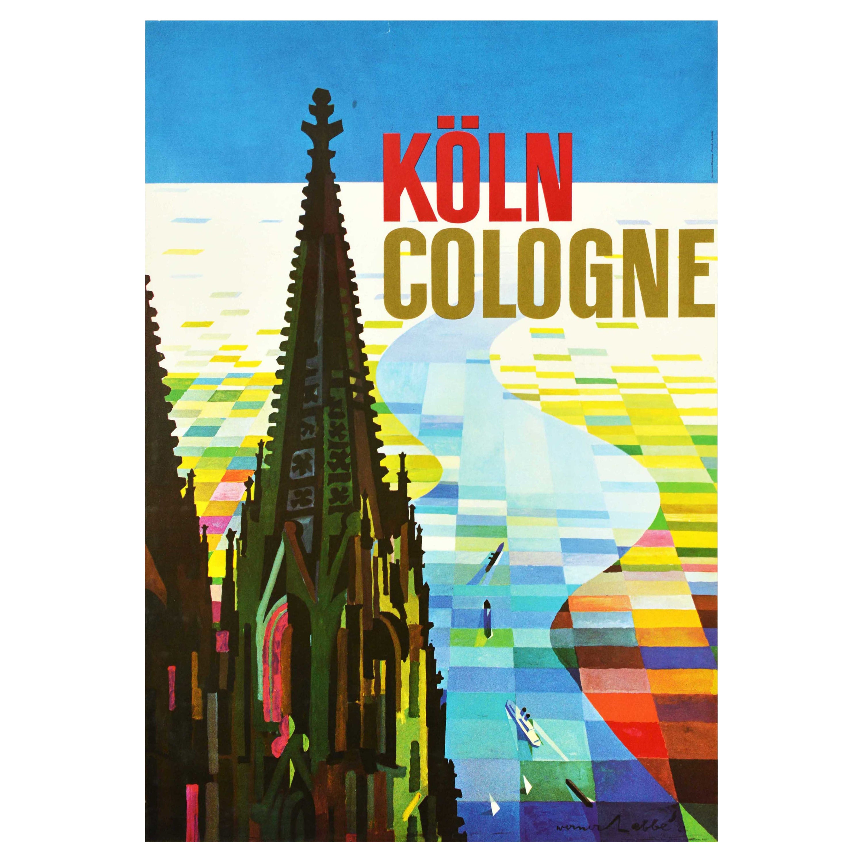 Affiche rétro originale de voyage, cathédrale de Cologne, Allemagne, milieu du siècle dernier