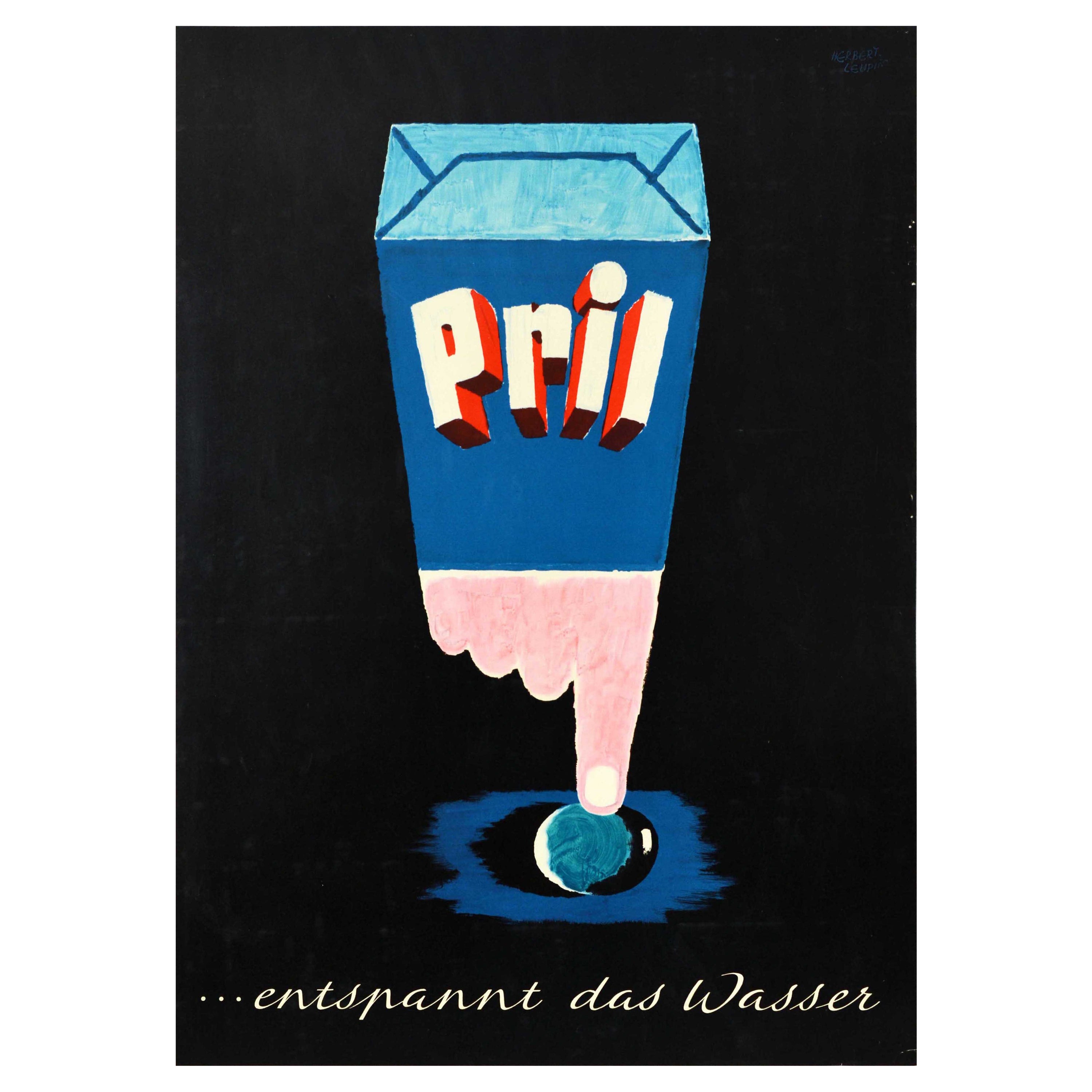 Affiche publicitaire originale vintage pour Pril Washing Up, la poudre se détend sur l'eau