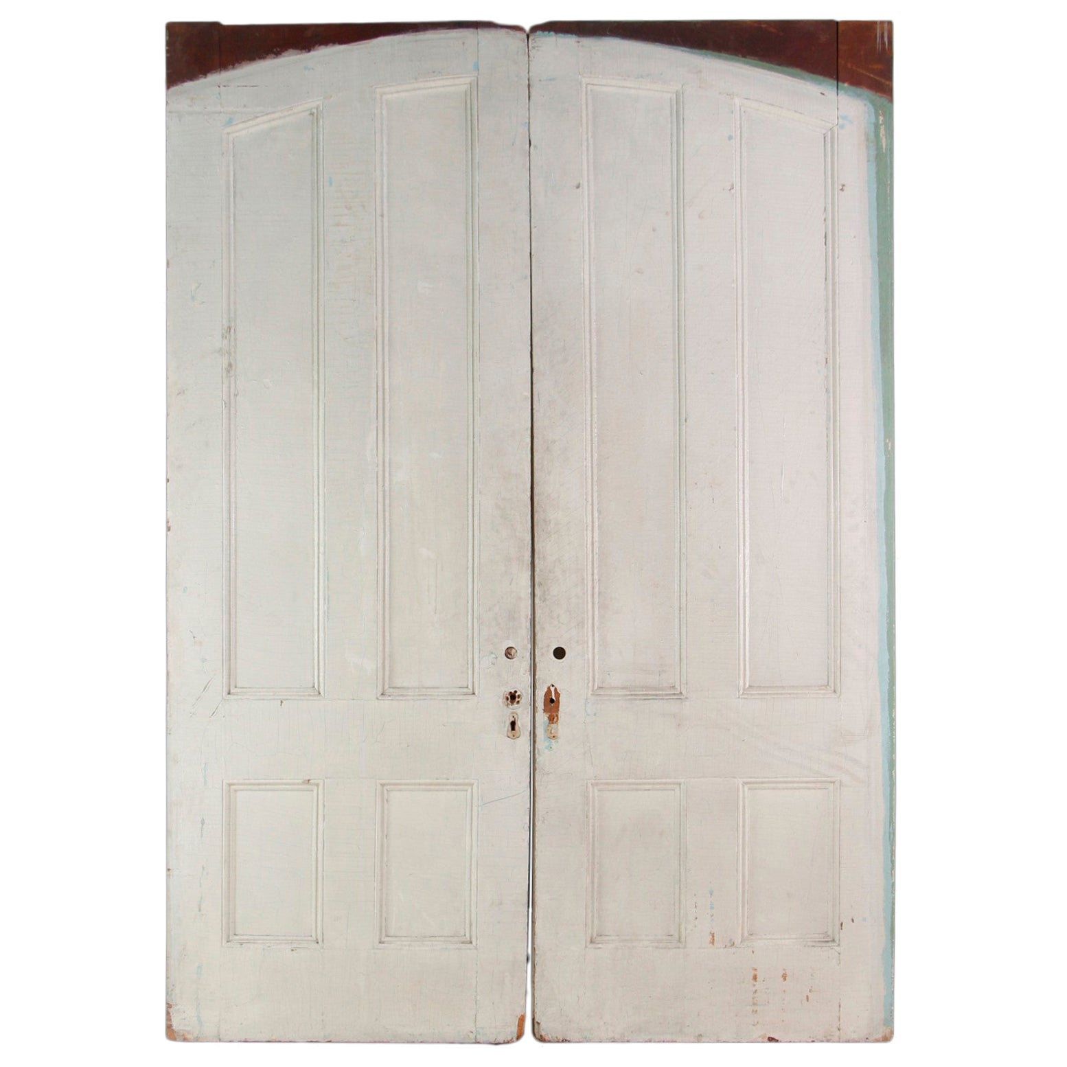 Set of Antique 4 Pane Wood Pocket Doors Painted White Vertical Panels For Sale