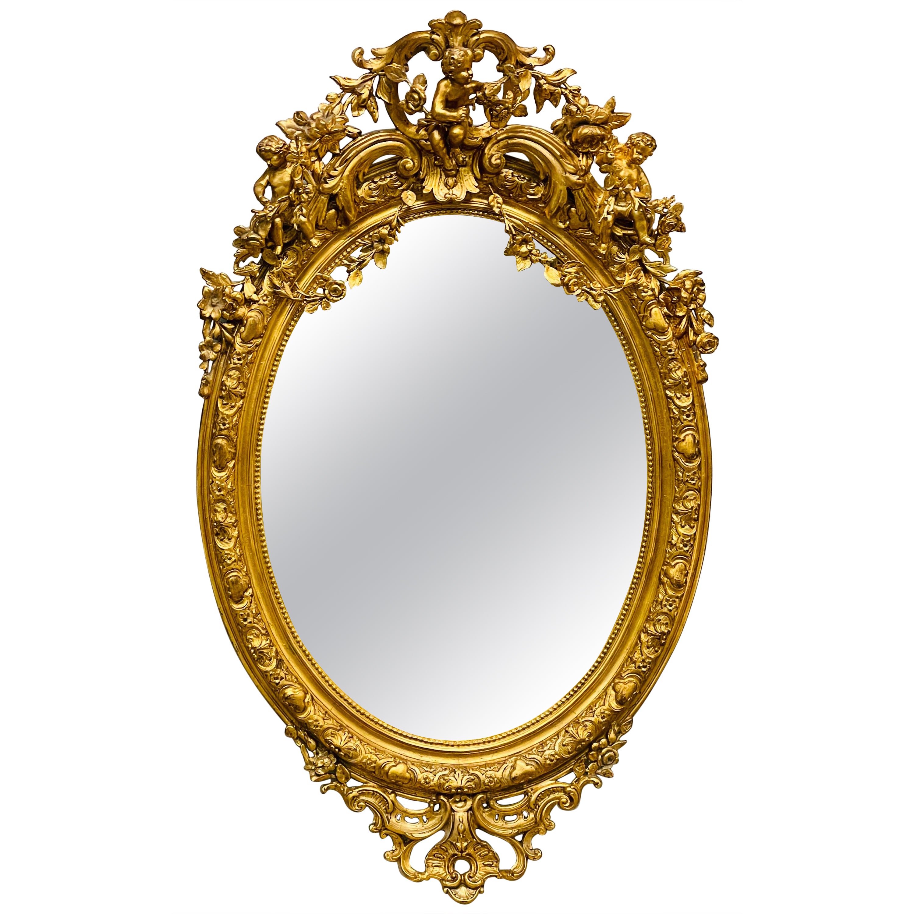 Miroir mural ou console en bois doré du XIXe siècle orné de trois chérubins