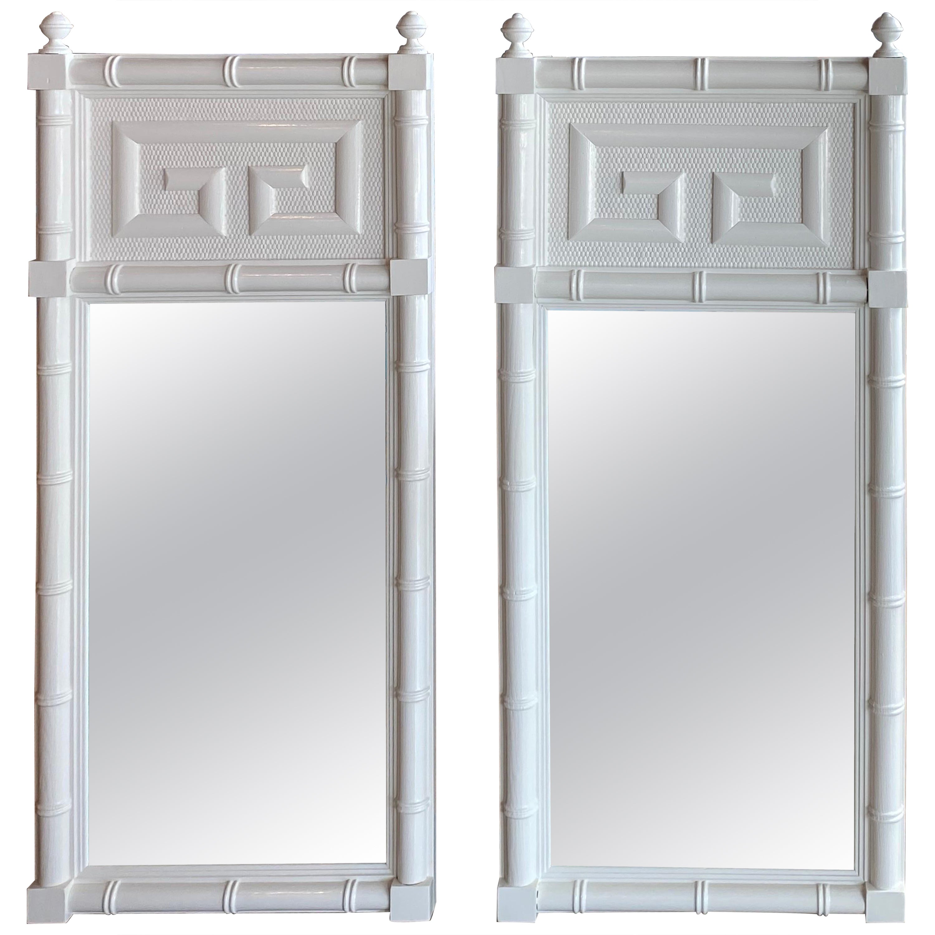 Vintage Pair of Wood Faux Bamboo Greek Key White Lacquered Wall Mirrors