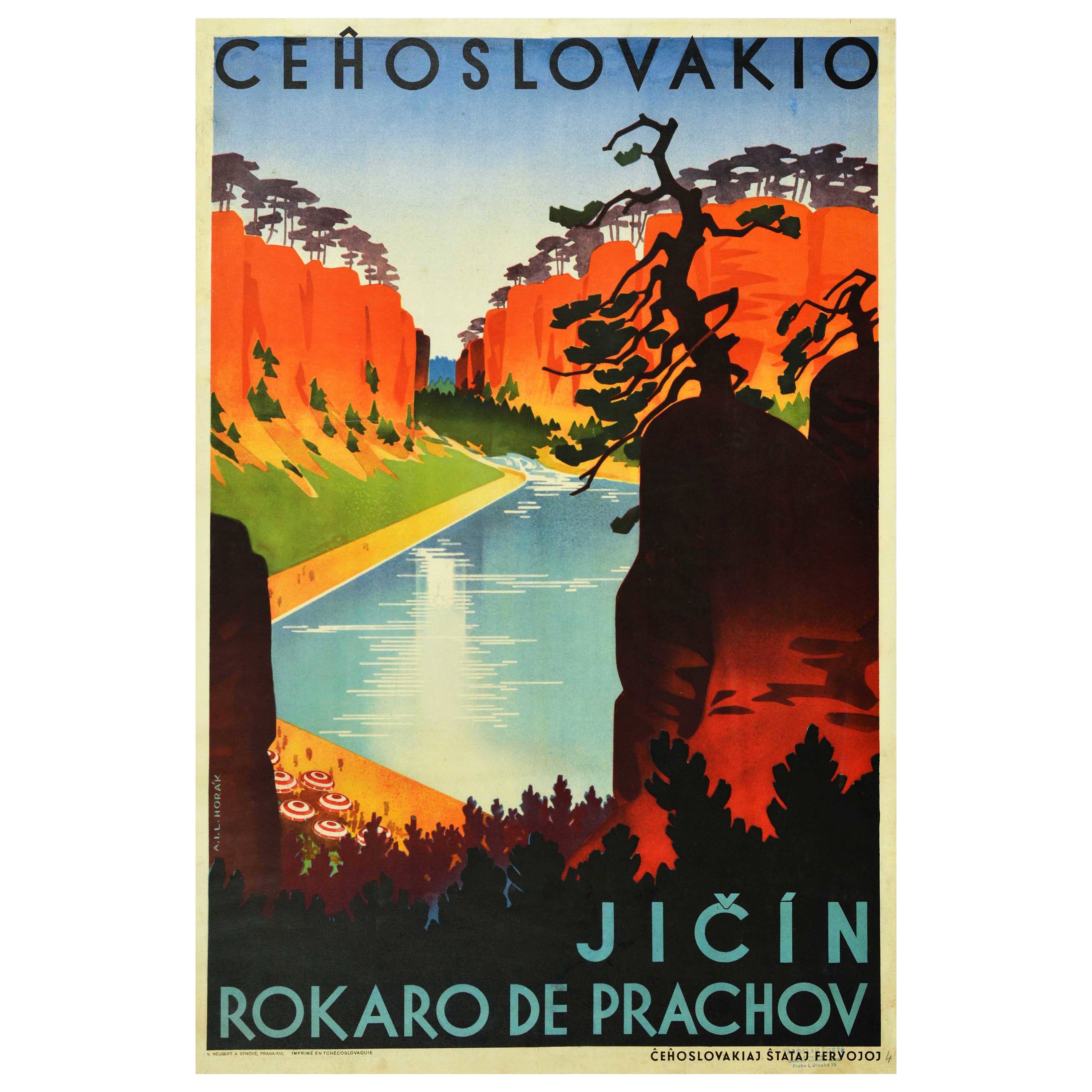 Original-Vintage-Eisenbahnplakat Tschechoslowakei Jicin Prachov Berge Reisekunst im Angebot