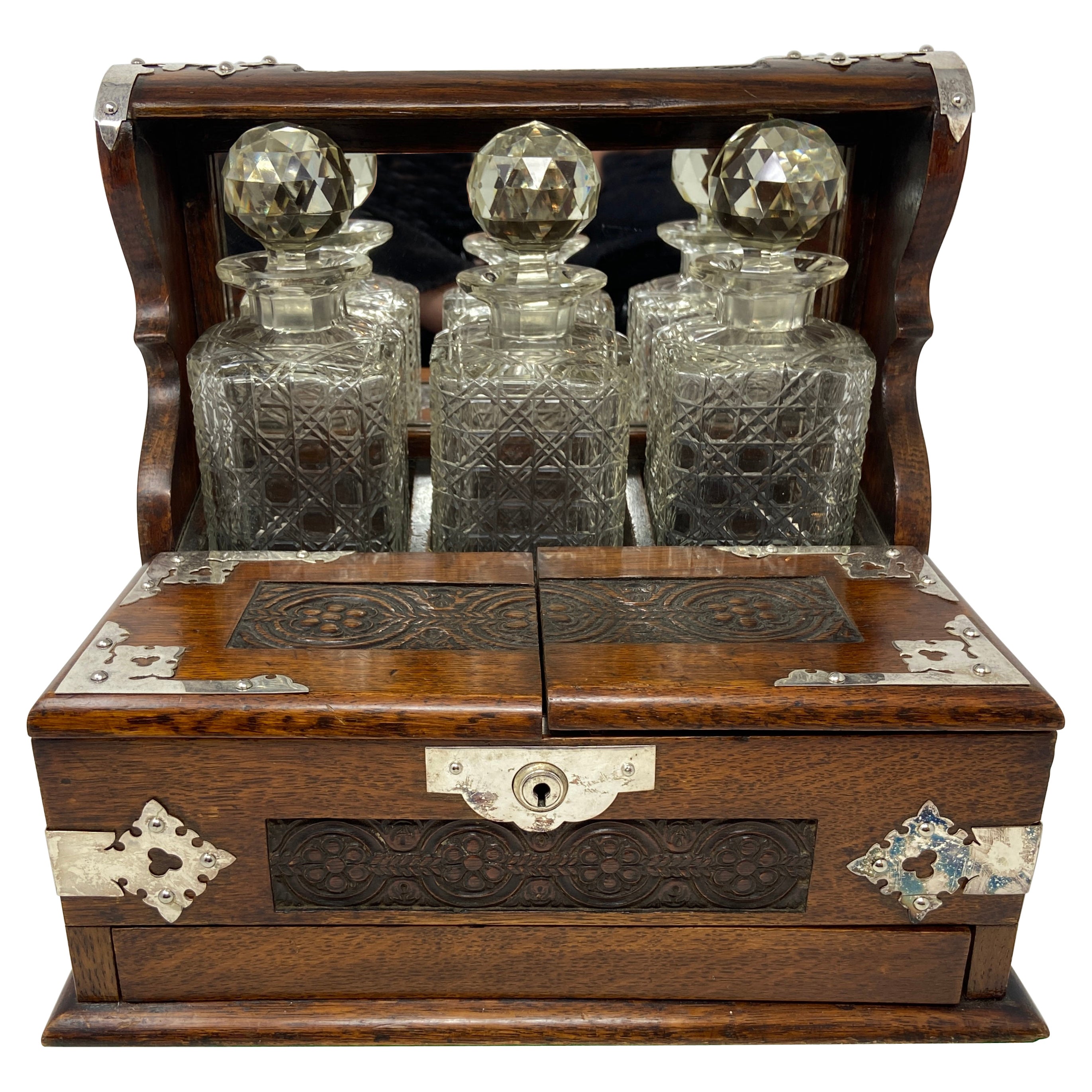 Antique English Oak Games Box 3-Bottle Tantalus with Cordials, circa 1880