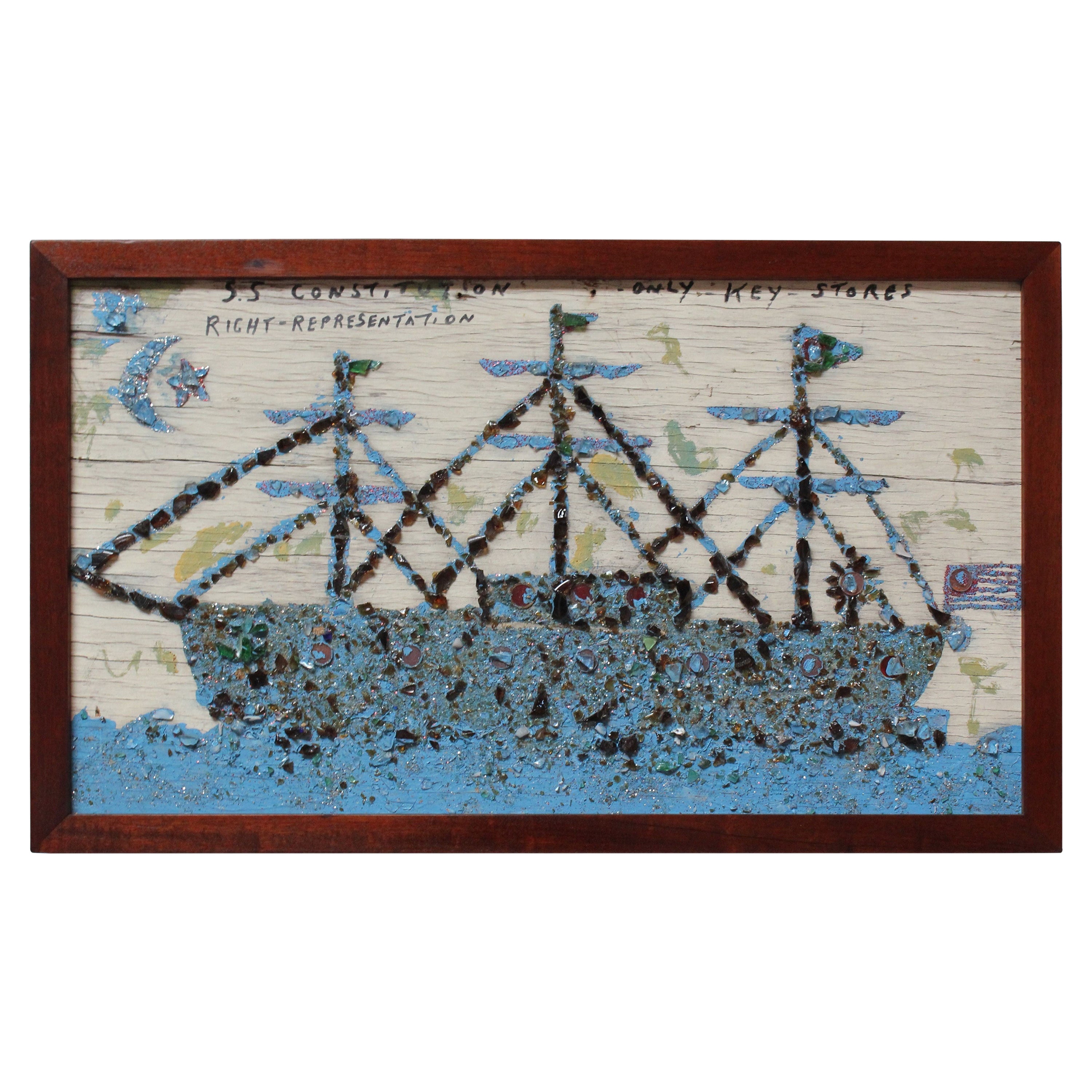 Folk Art USS Constitution Mixed Media Sea Glass Mosaic on Board For Sale
