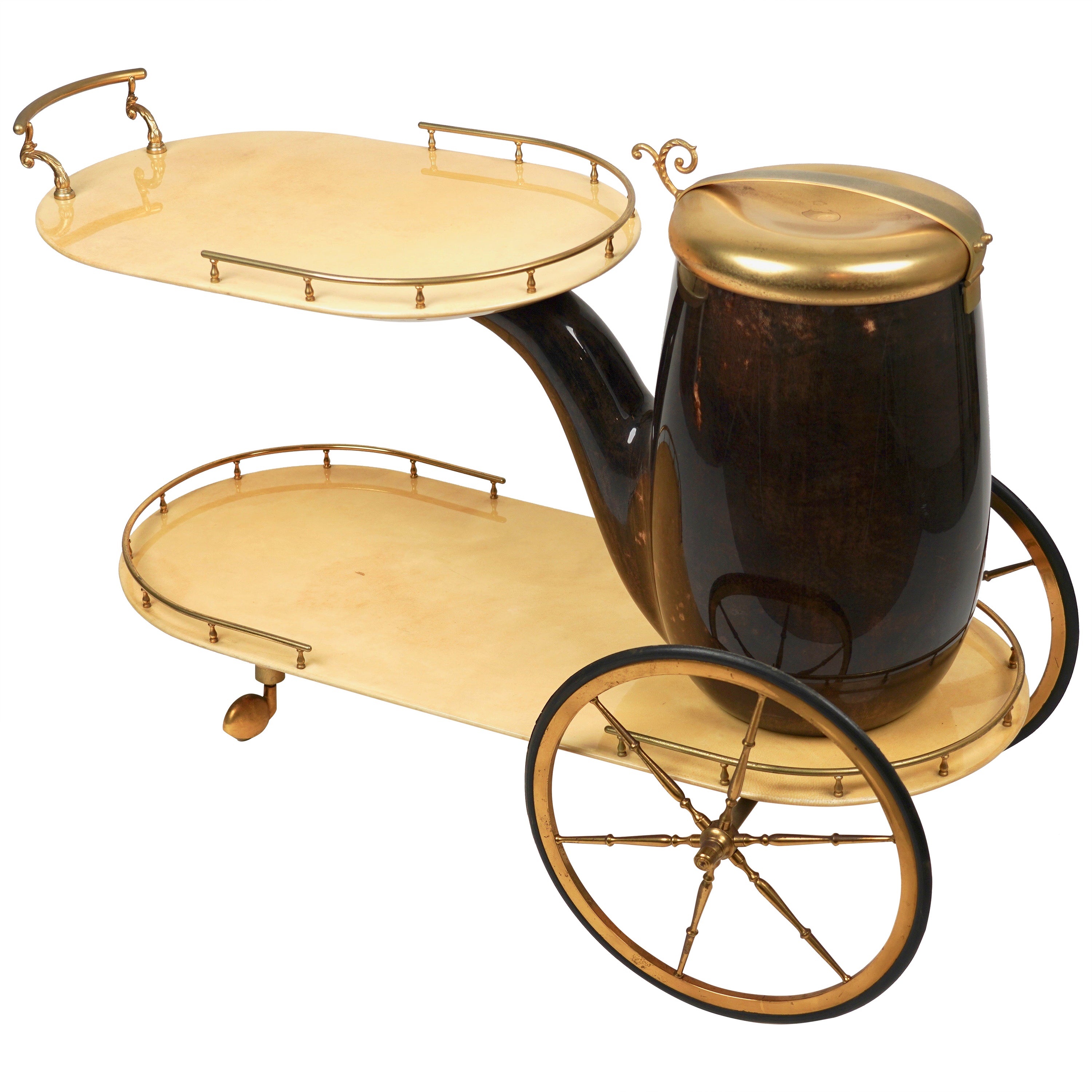 Trolley Serving Bar Cart "Pipe" in Goatskin and Brass by Aldo Tura, Italy 1960s For Sale