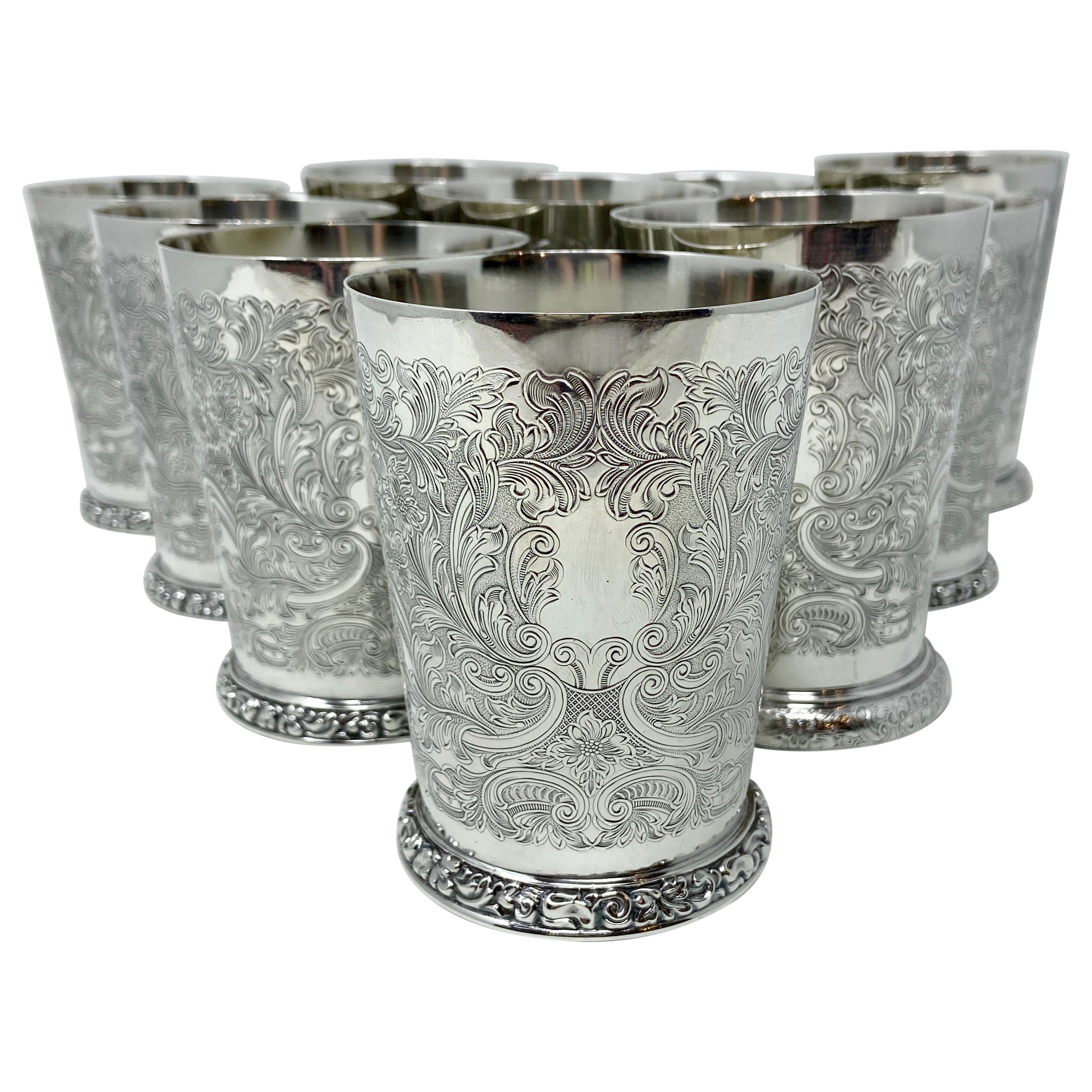 Set of 10 Estate English Silver-Plated Finely Engraved Mint Julep Cups, Ca. 1950