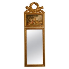 Antique 19th Century French Gold Leaf Trumeau Mirror W/ Painted Pastoral Scene