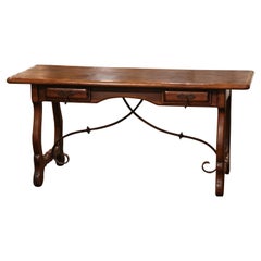 Antique Early 20th Century Spanish Carved Oak Writing Table Desk with Iron Stretcher
