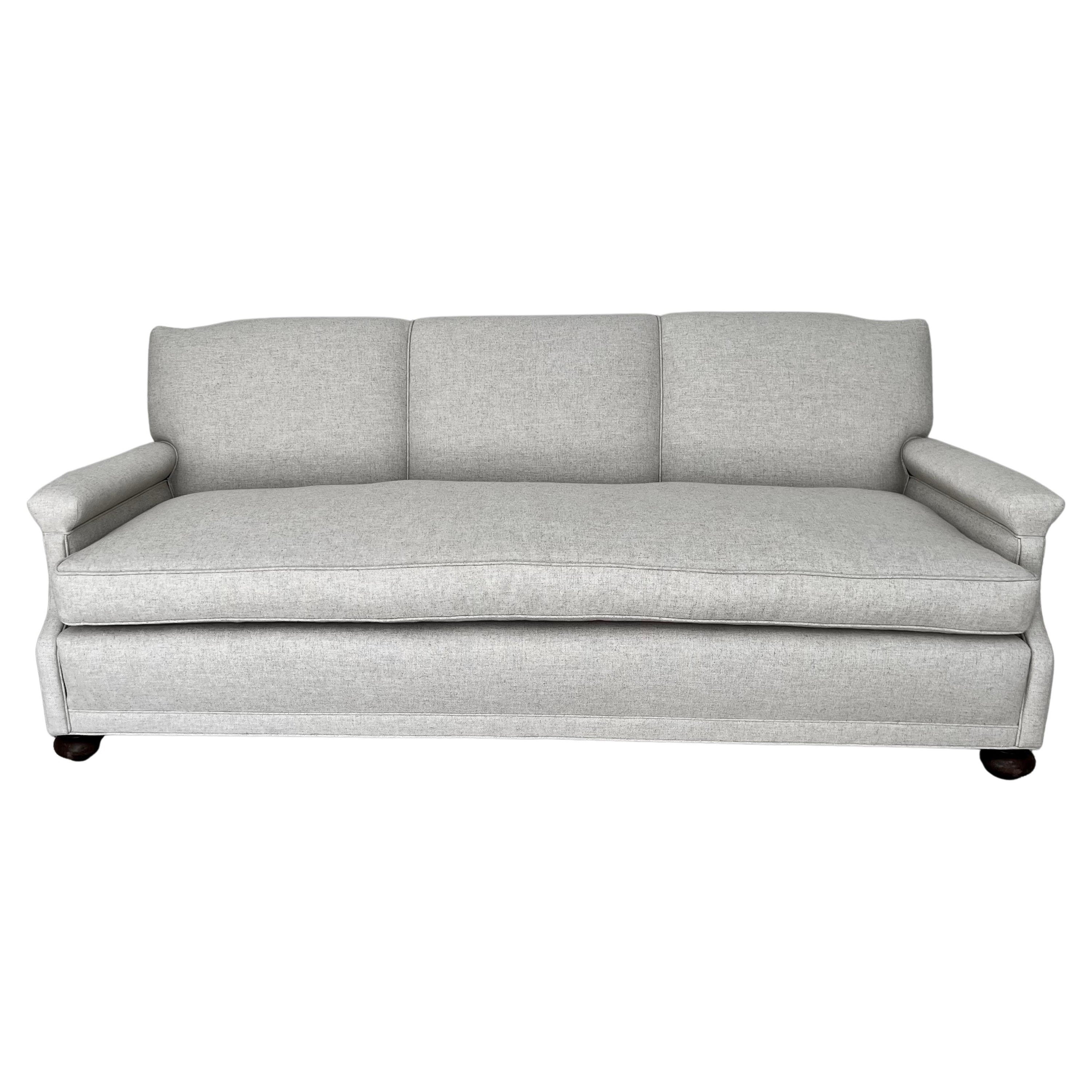 Sofa in Linen and Down Upholstery and Bun Feet For Sale