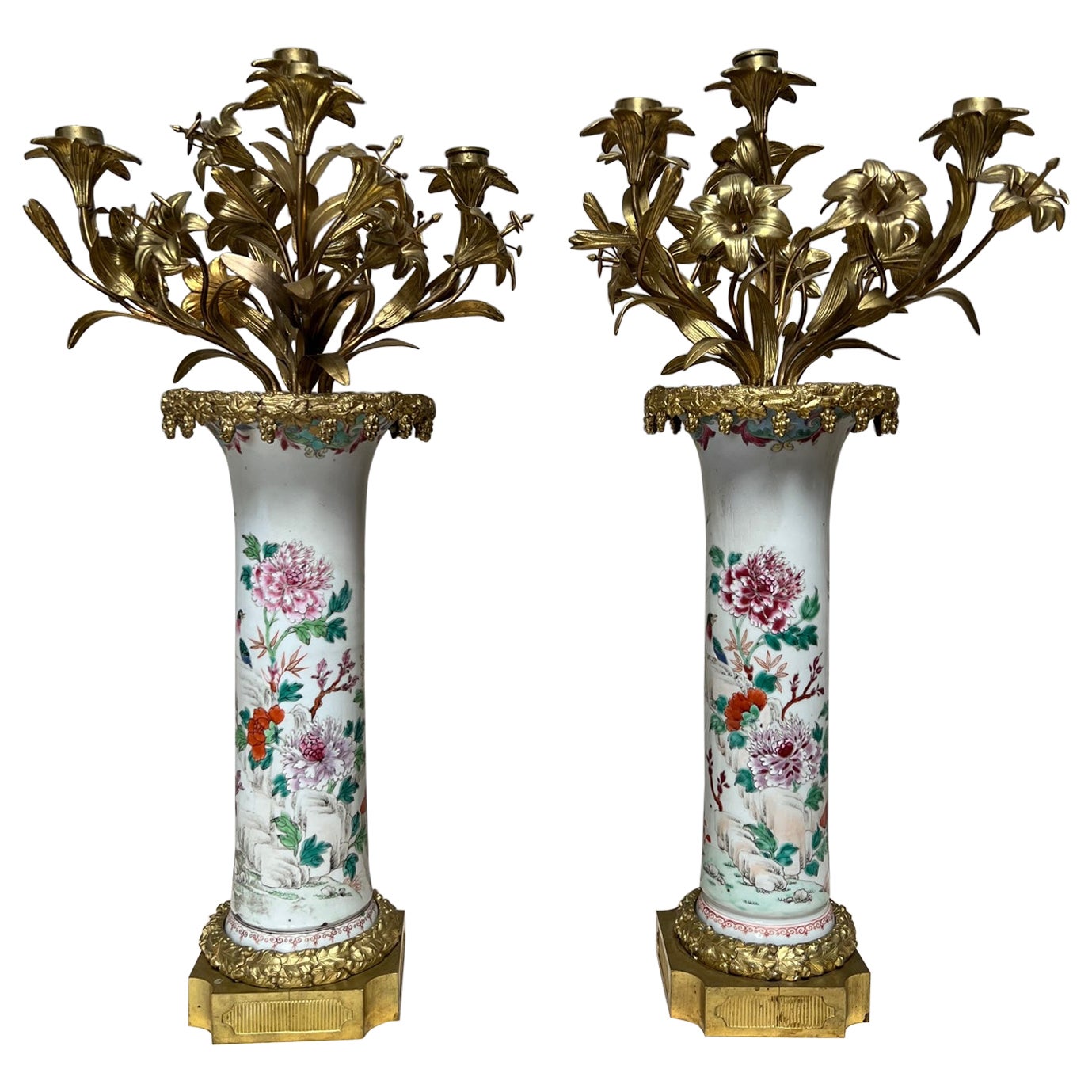 Pair of Chinese Export Porcelain and French Bronze Candelabra For Sale