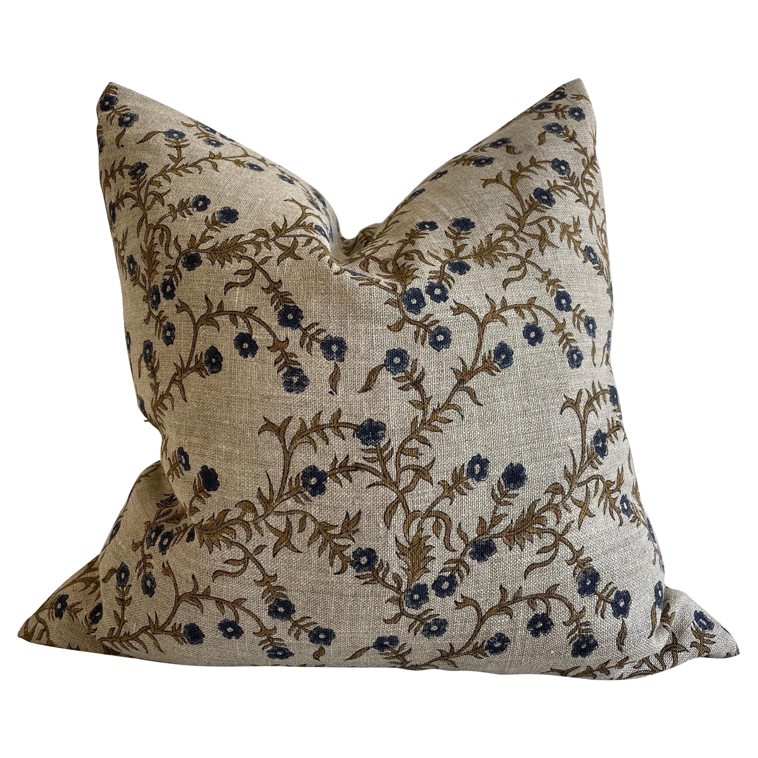 Custom Hand Block-Printed Linen Pillow with Down Feather Insert