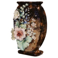 19th Century, French, Hand Painted Barbotine Faience Floral Vase from Montigny 