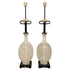 Pair of Large Murano, Italy Clear & White Stripe Glass Table Lamps, 1960s