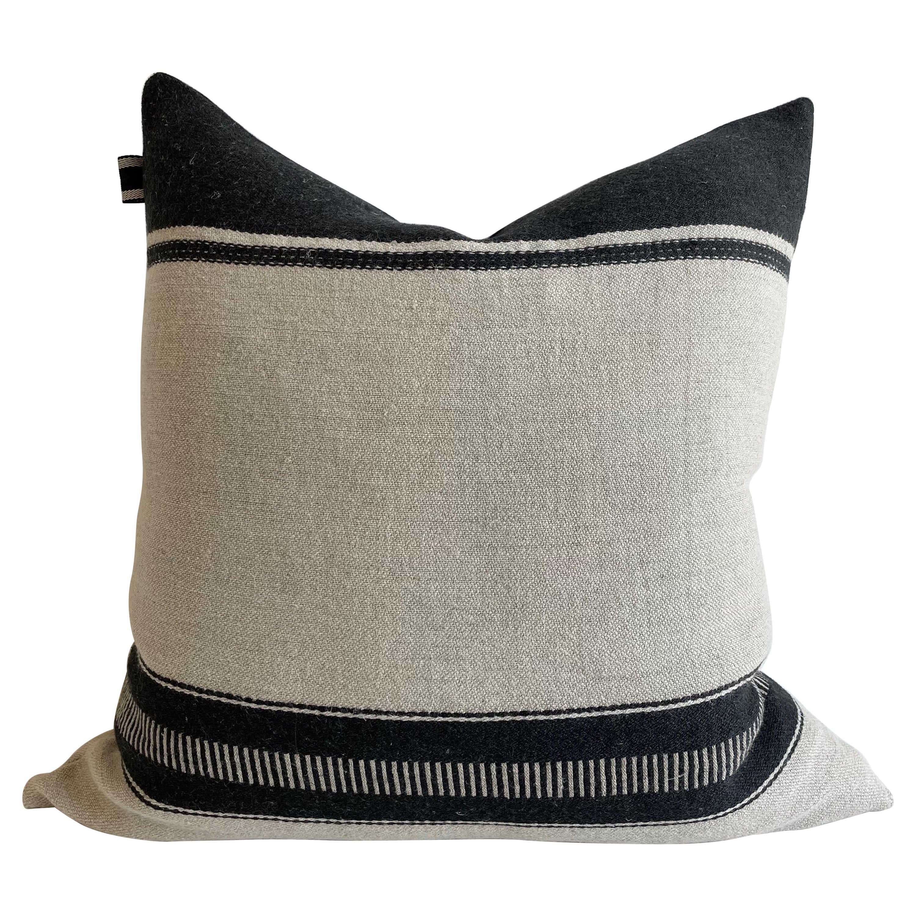 Linen and Wool Marshall Stripe Black and Natural Pillow Cover For Sale