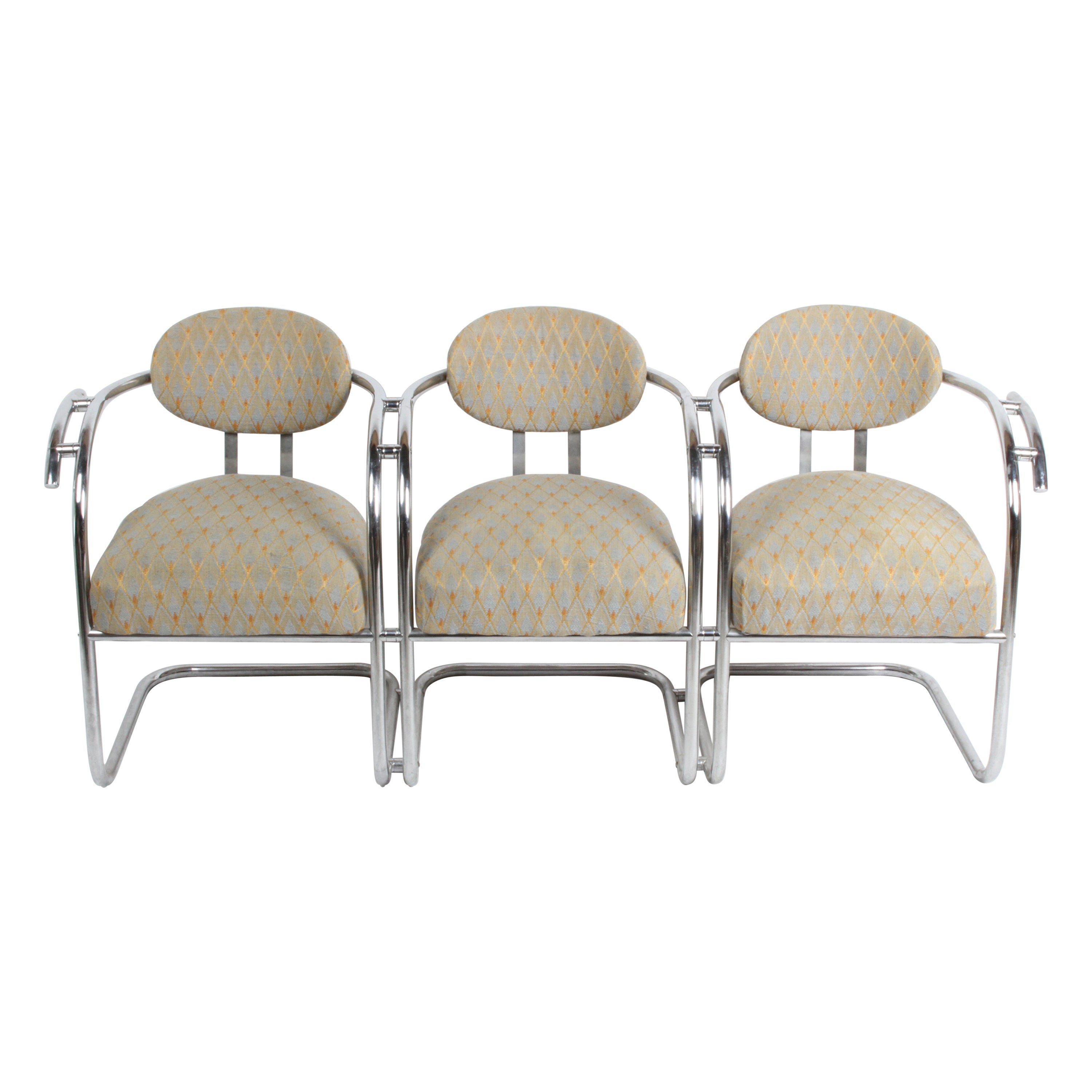 Kem Weber Style 1930s Art Deco Chrome Tubular Frame Tandem 3-Seater Arm Chairs 
