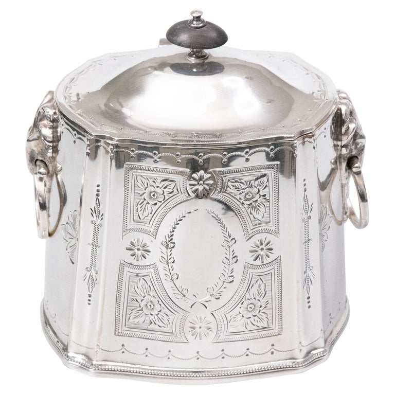 Antique English Silver Plate Tea Caddy Ram Handles For Sale